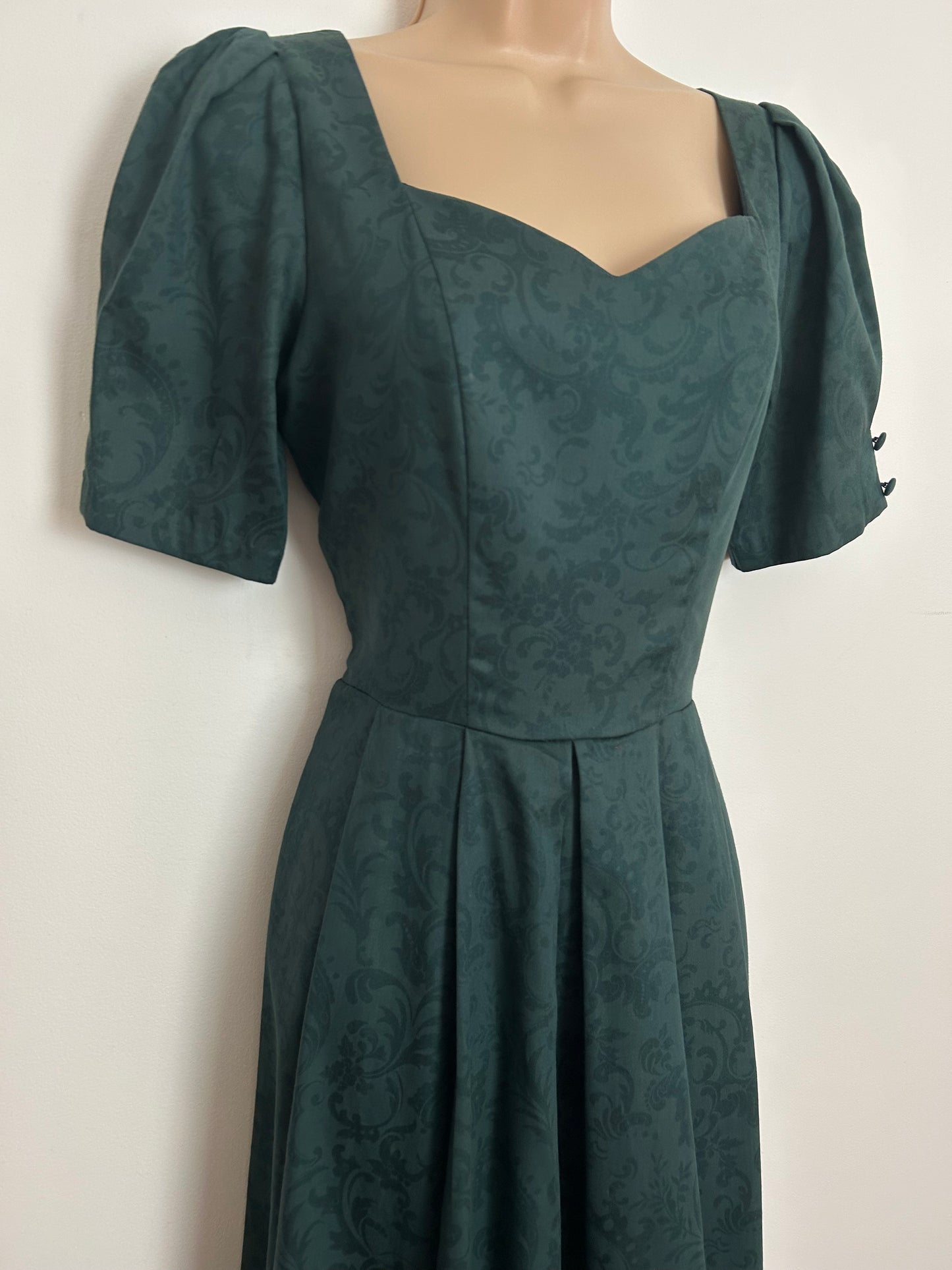 Vintage 1980s LAURA ASHLEY Size 6 (Size 10 On Label) Dark Green Damask Bow Back Dress