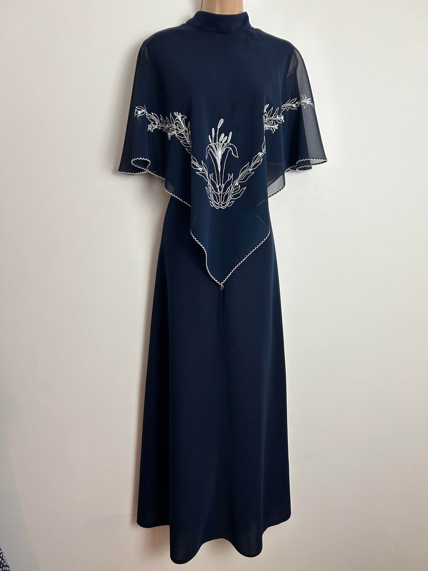 Vintage 1970s UK Size 14 Navy Blue Cape Sleeve Floral Pattern Boho Maxi Dress