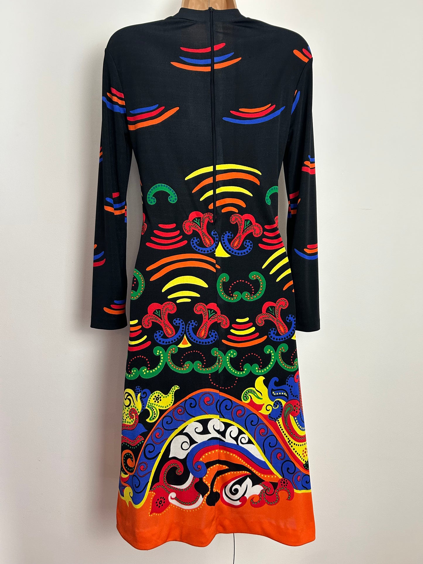 Vintage 1970s ELEGANCE PARIS Size 10 Black Multicolour Abstract Print Long Sleeve Shift Dress