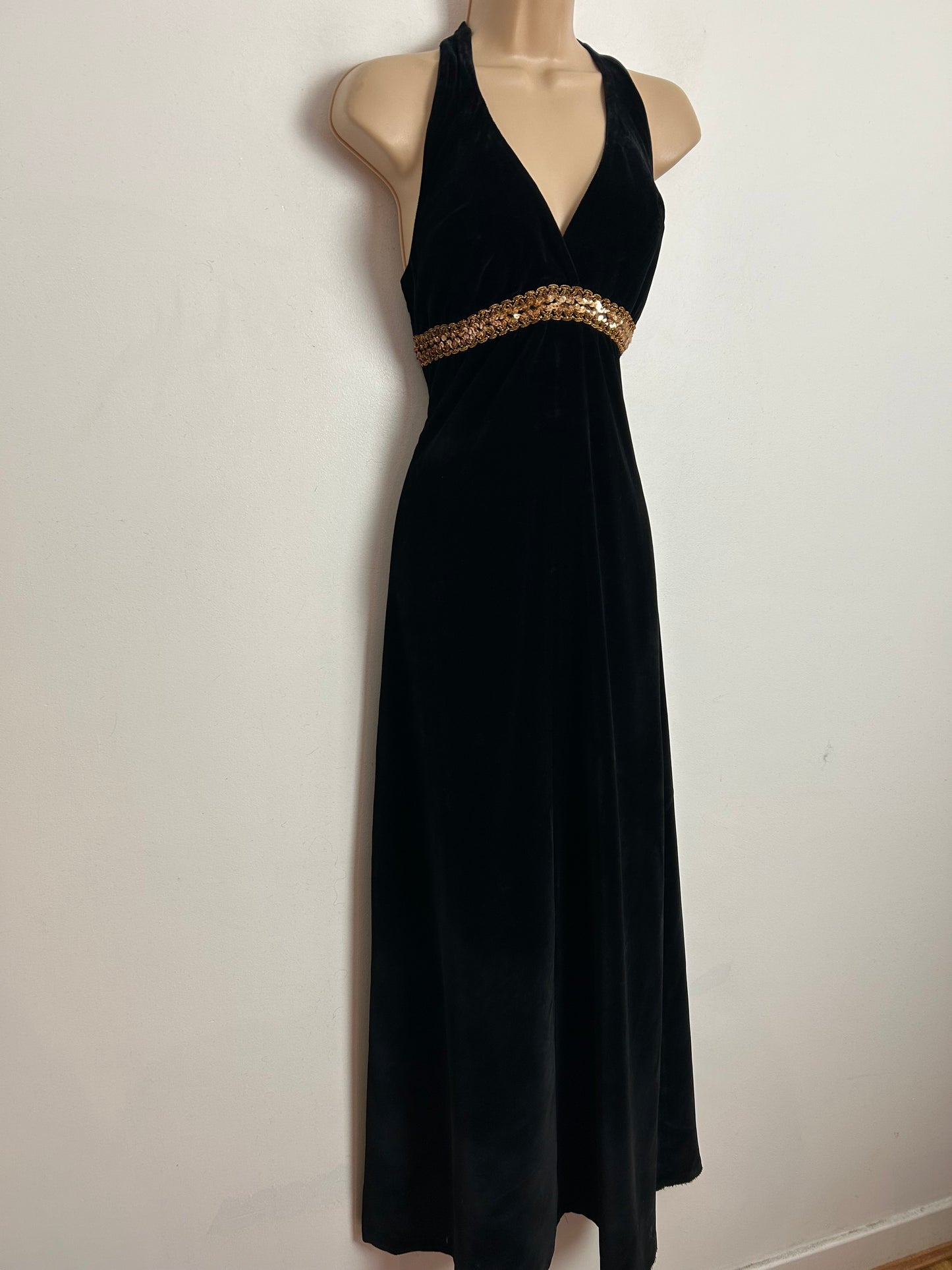 Vintage 1970s UK Size 8 Black Velvet & Gold Braid & Sequin Embellished Halterneck Occasion Evening Maxi Dress