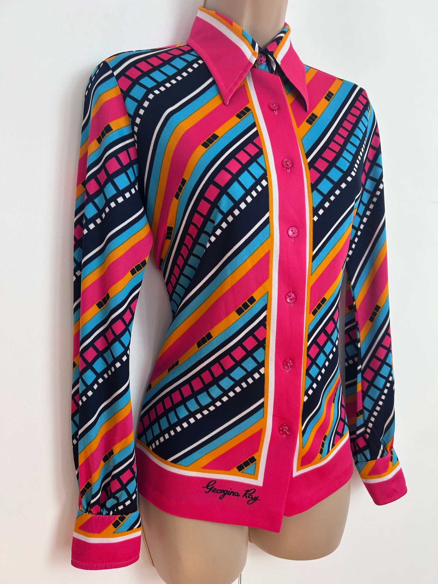 Vintage 1970s Size 10-12 JERSEY MASTERS Hot Pink Orange Turquoise &Navy Blue Stripe Long Sleeve Shir