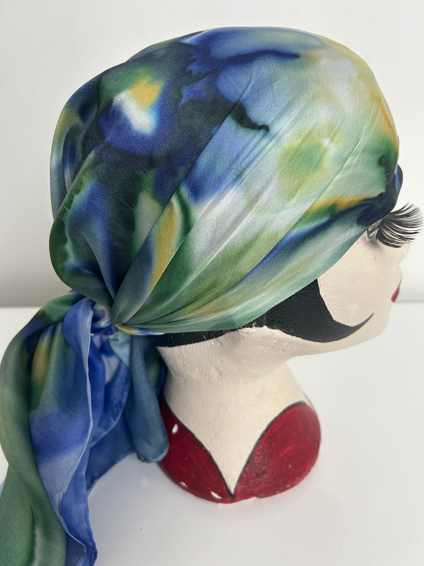 Vintage Blue Green & Lemon Tie Dye Effect Floral Print Silky Scarf 90cm x 85cm