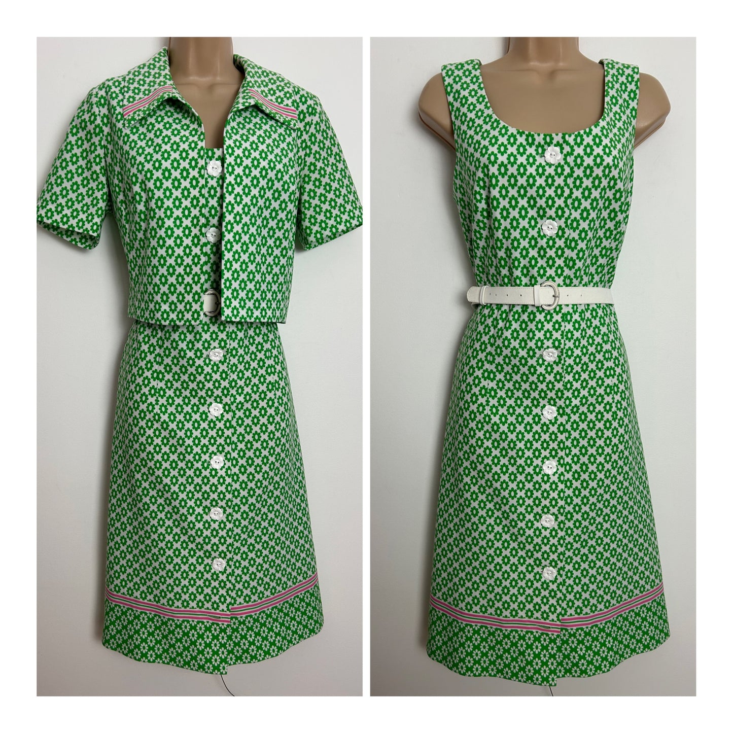 Vintage 1960s MARY HARNES Size 12 Green & White Daisy Floral Print Dress & Jacket Two Piece Set