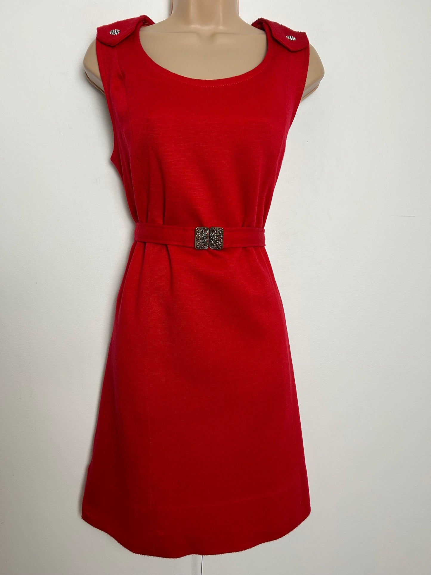 Vintage 1960s Size 12 Red Wool Jersey Sleeveless Belted Mod Dress