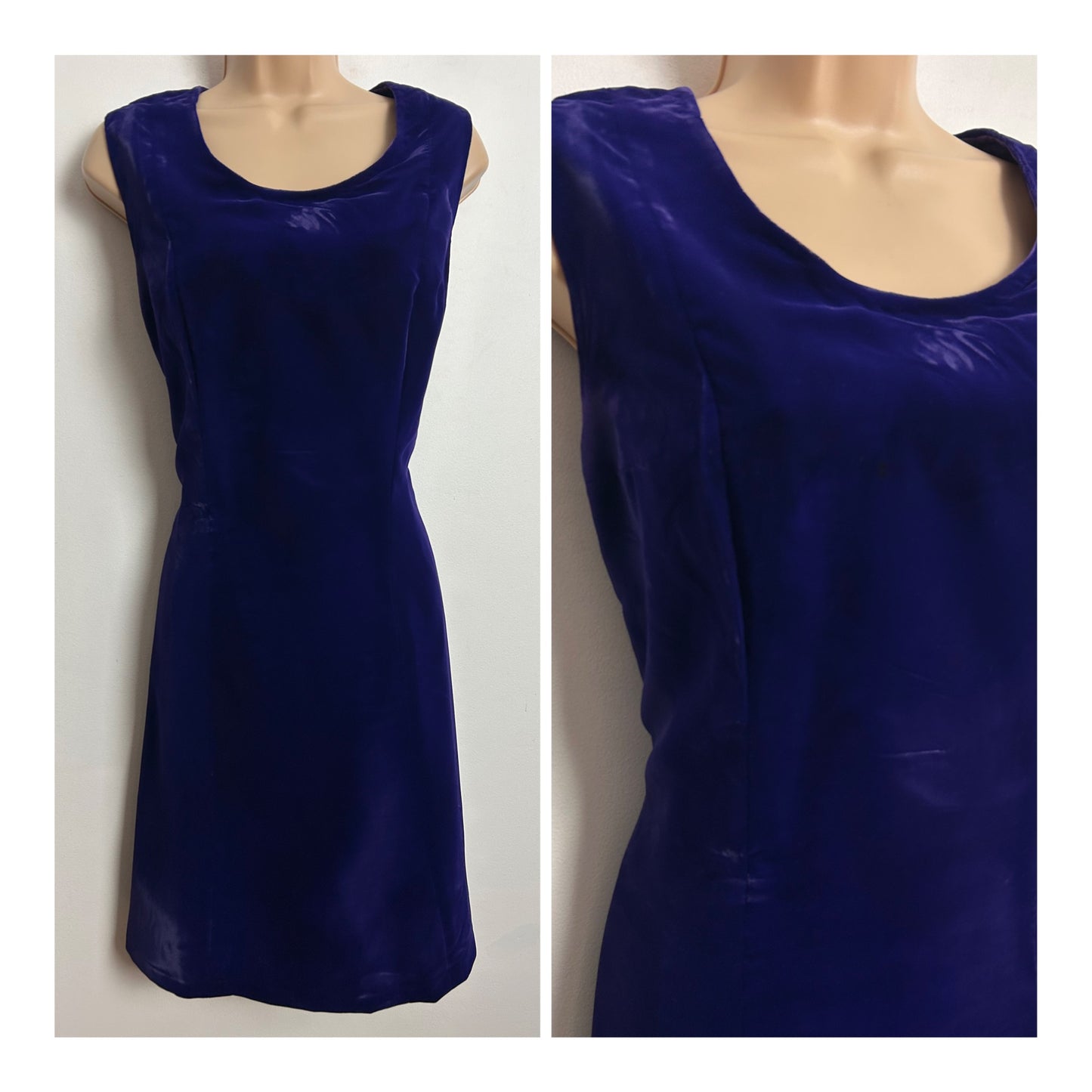 Vintage 1960s UK Size 8-10 Purple Velvet Sleeveless Shift Xmas Mod Party Dress