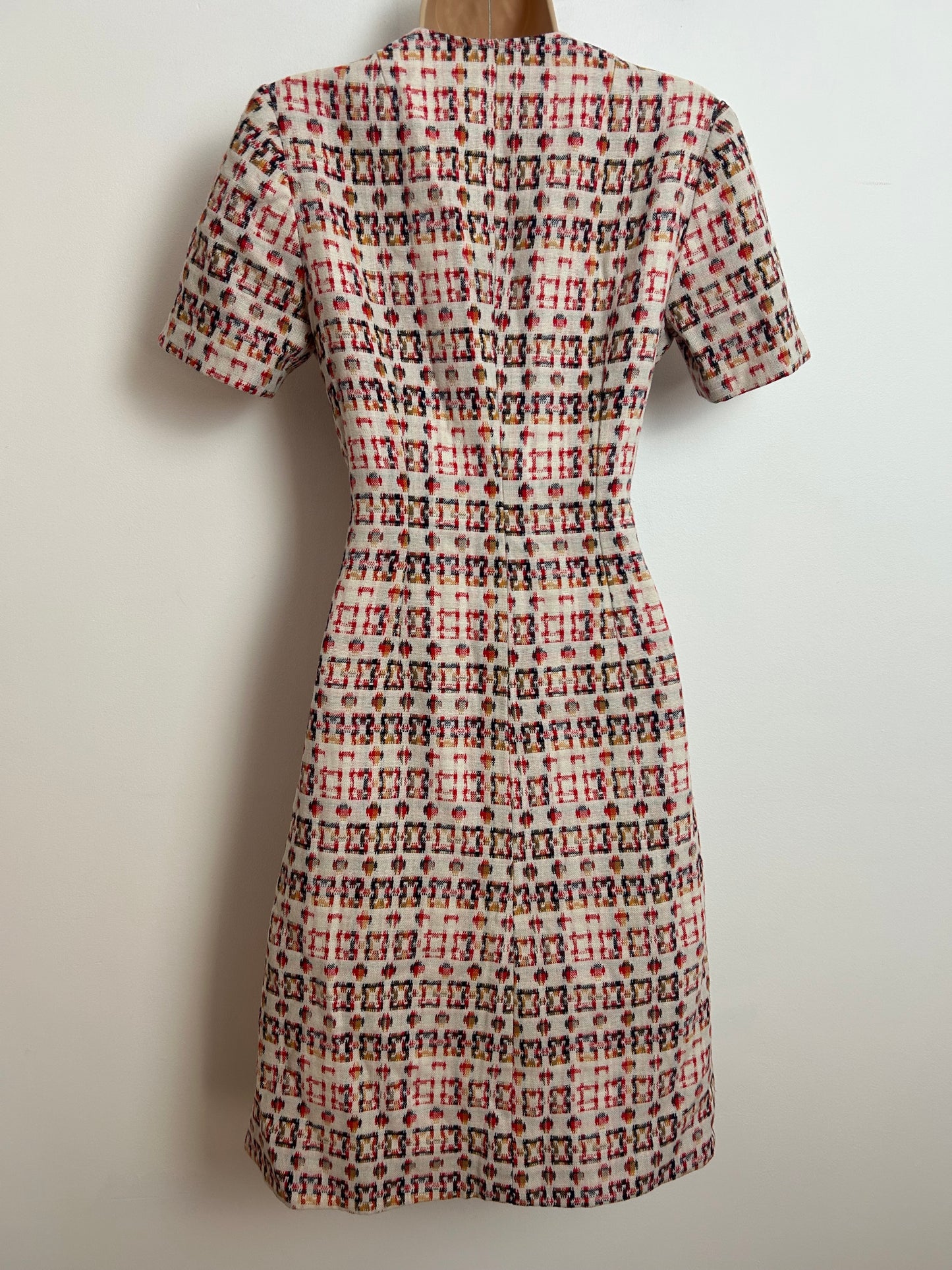 Vintage 1960s UK 8-10 Cream Red & Mustard Abstract Geo Print Short Sleeve Mod Shift Dress