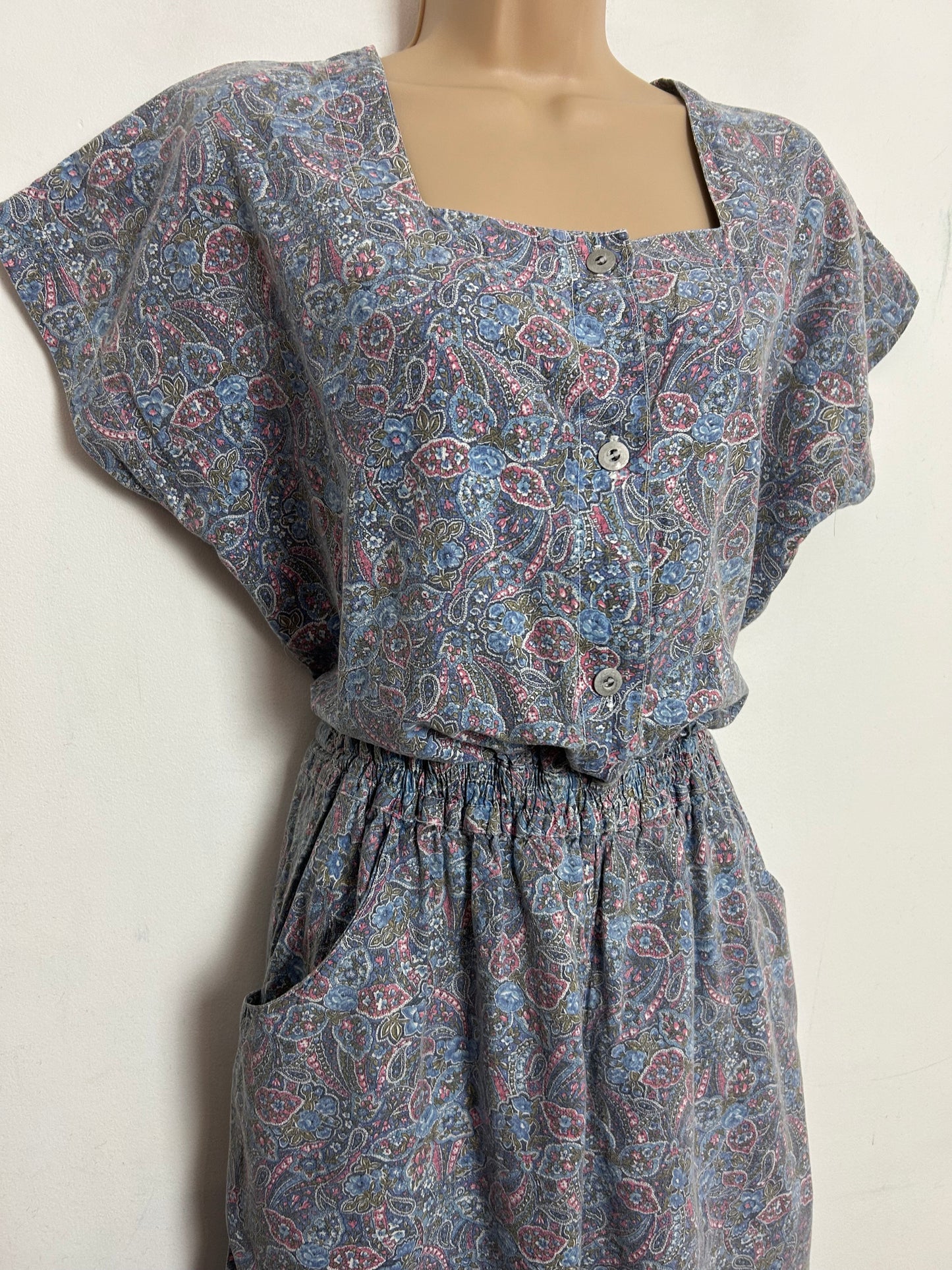 Vintage ANDREW SPORTS NEW YORK Early 1990s UK Size 10 Blue & Pink Floral & Paisley Print Cotton Cropped Casual Jumpsuit
