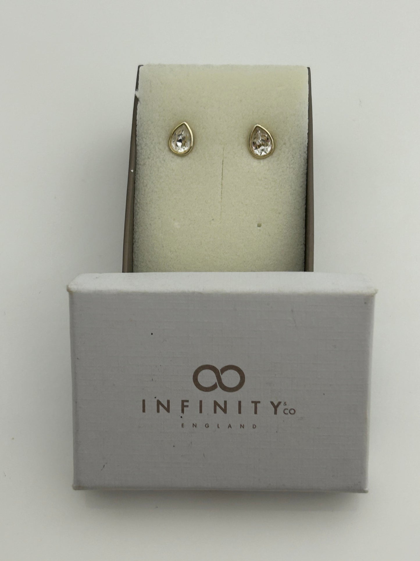 Brand New In Box Infinity & Co "Matilda" Swarovski Crystal Rhodium Plated Pear Shaped Earrings