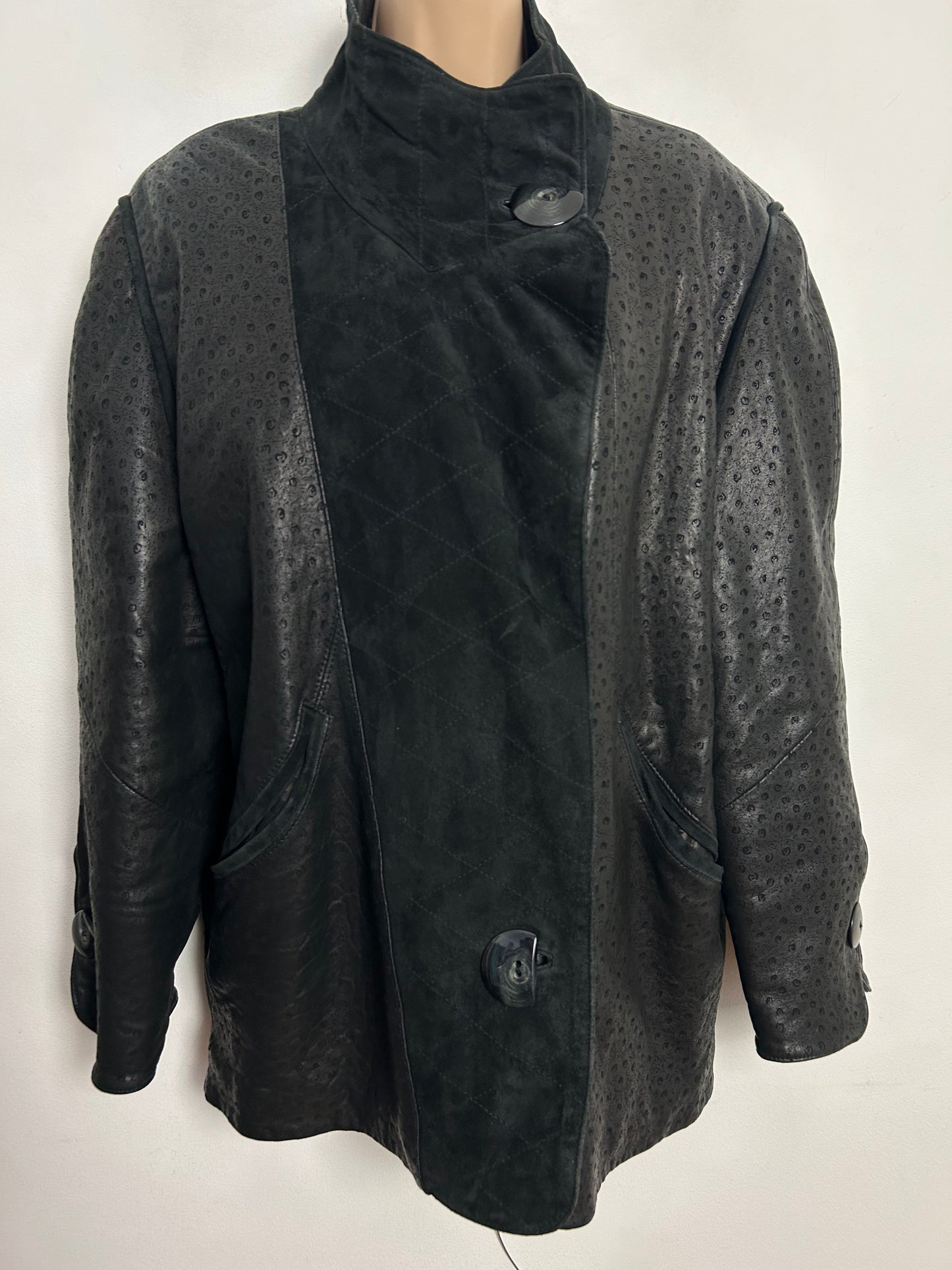 Vintage Early 1980s MARCO Up To Size 14-16 Black Leather Suede Chunky Buttons Over Size Leather Jacket