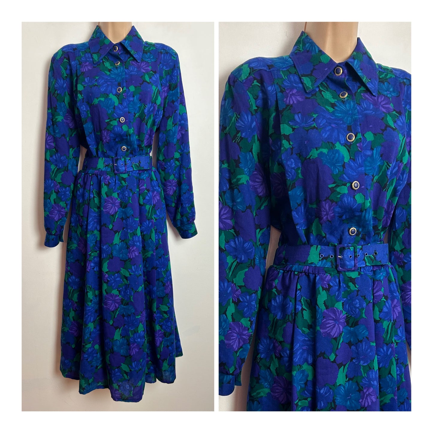 Vintage 1980s MARIAN DONALDSON UK Size 14 Blue Purple & Green Floral Print 100% Wool Belted Day Dress