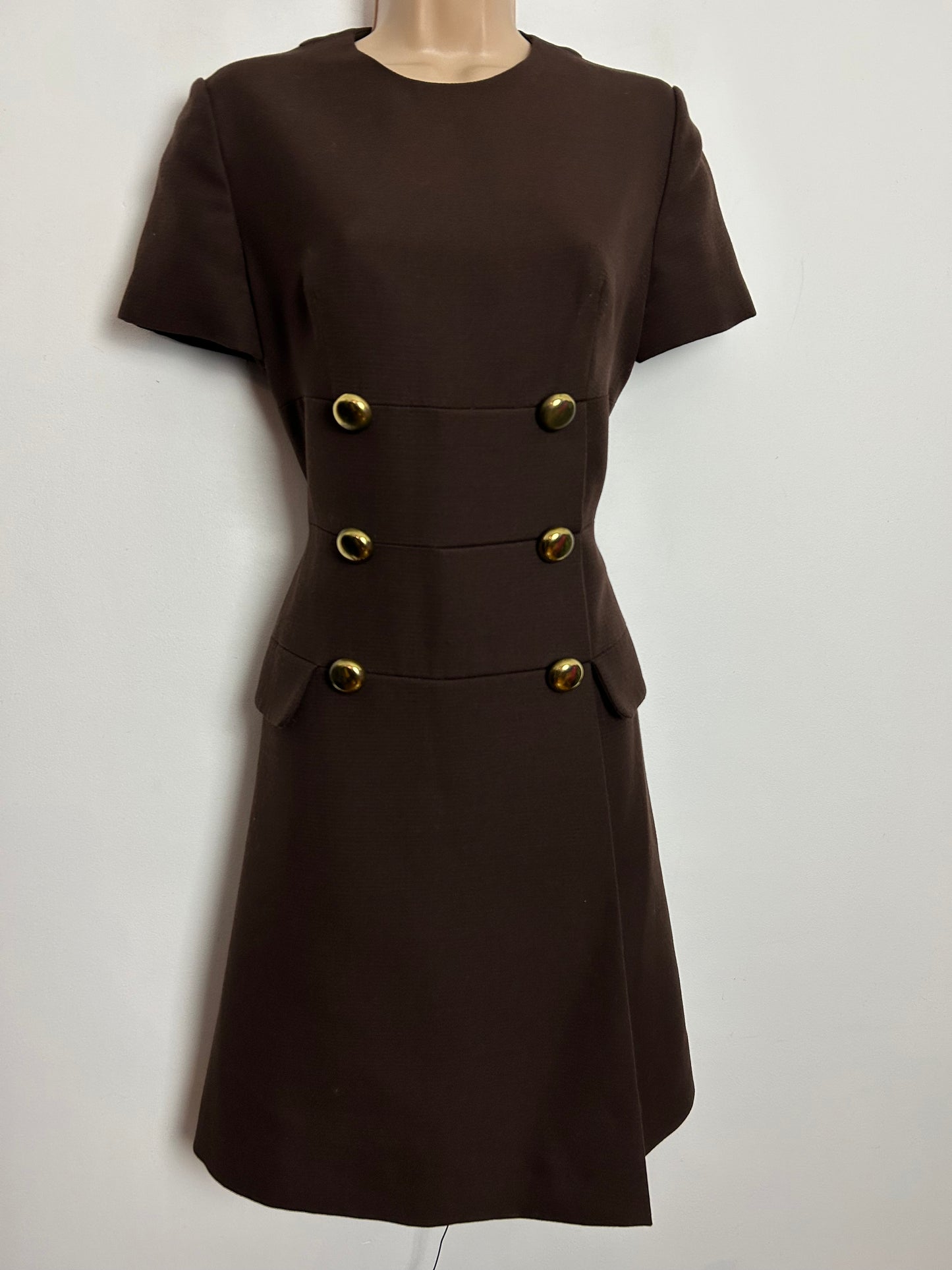 Vintage 1960s UK Size 10 Chocolate Brown Pure New Wool Military Style Short Sleeve Mod Dress