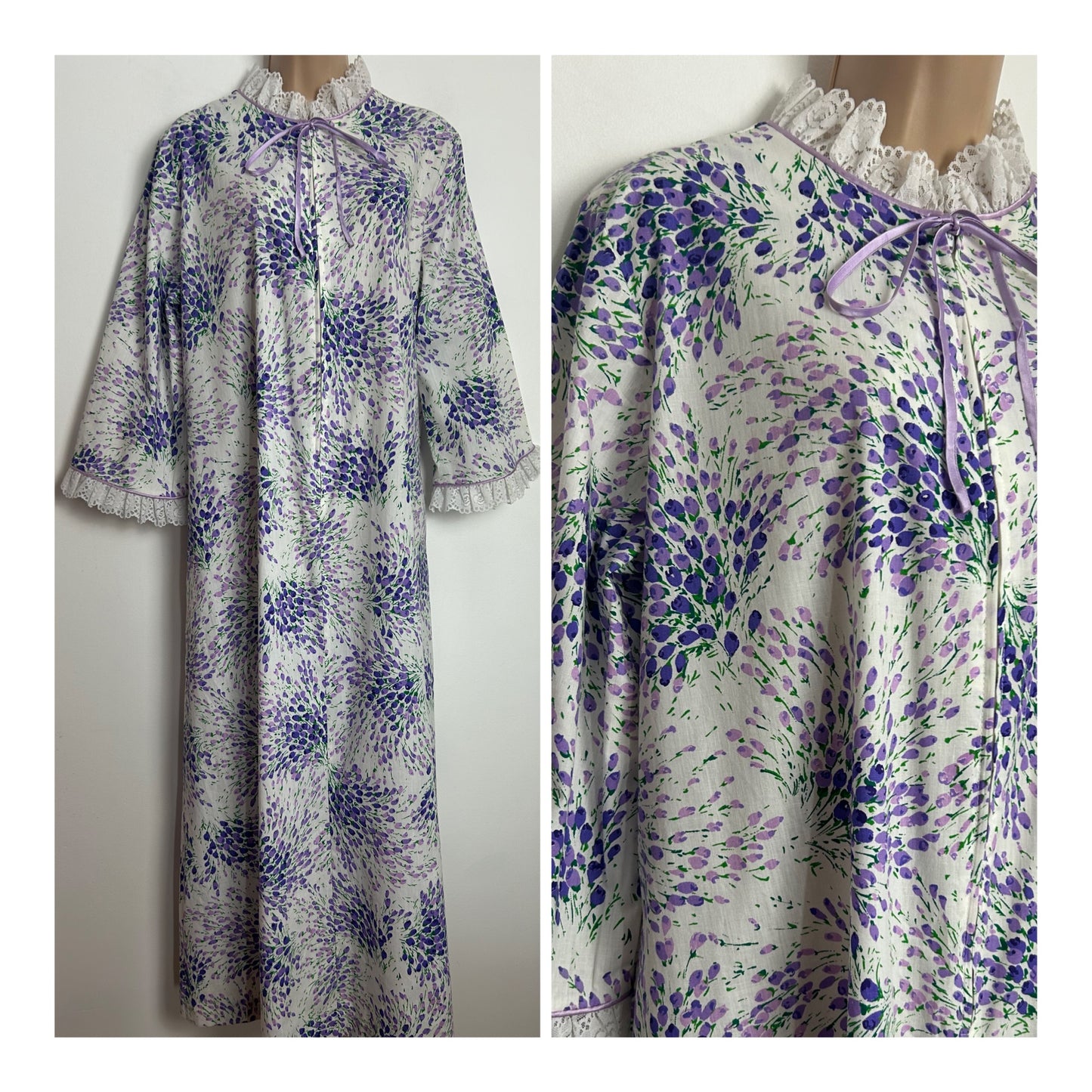 Vintage 1970s DAVID BROWN CALIFORNIA Up To Size 16 White & Purple Floral Print Lace Trim Hostess Gown House Coat