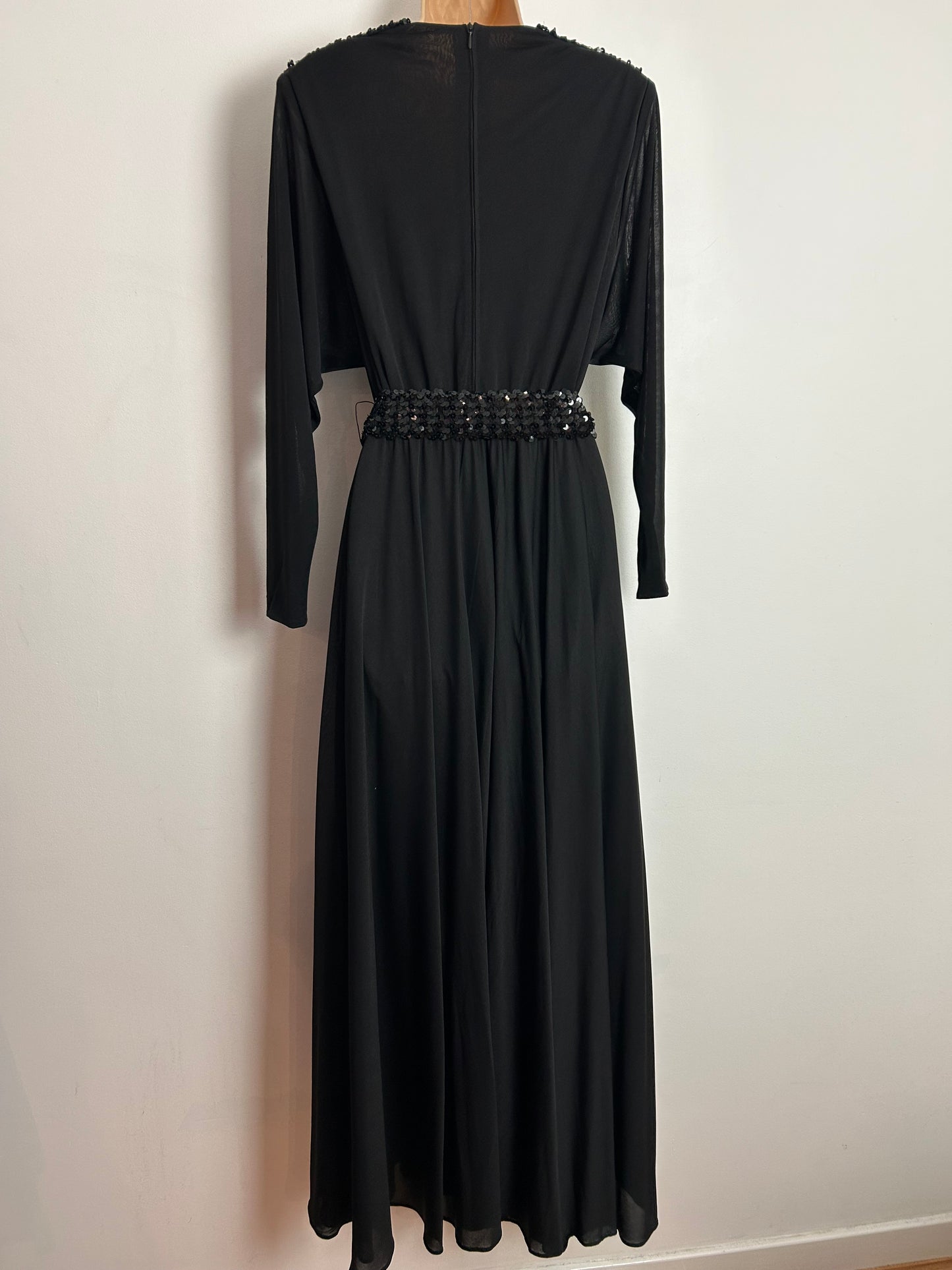 Vintage Early 1980s FINK UK Size 10-12 Black Sequin Detail Cowl Neck Belted Occasion Evening Maxi Dress With Fab Bird Buckle