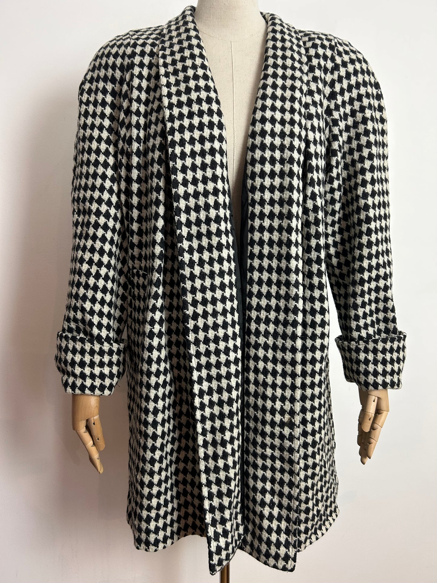 Vintage 1980s MICHELLE STUART UK Size 14-16 Black & Off White Diamond Check Open Fronted Wool Coat