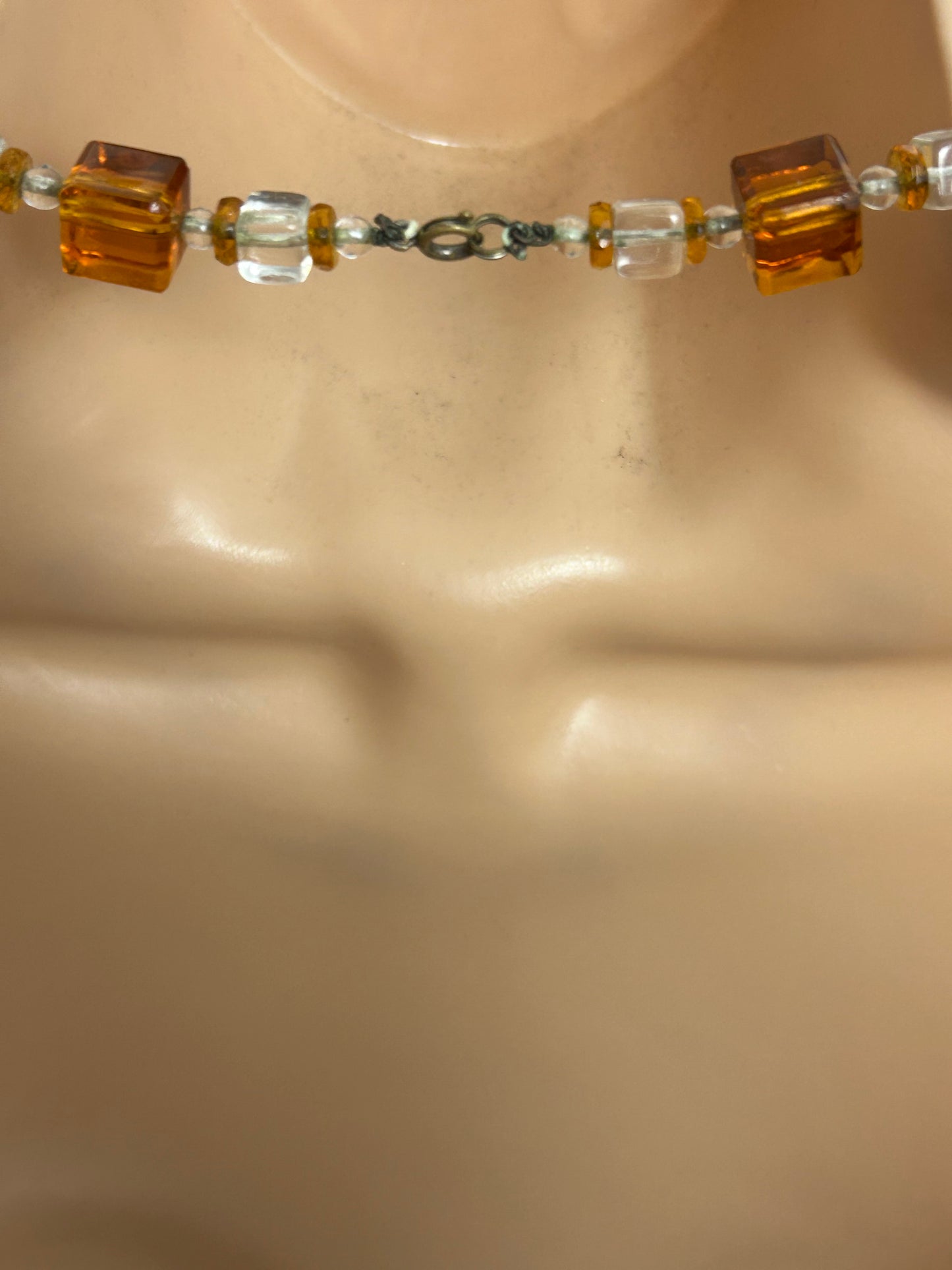 Vintage 1960s Amber Glass & Clear Glass Beaded Choker Necklace