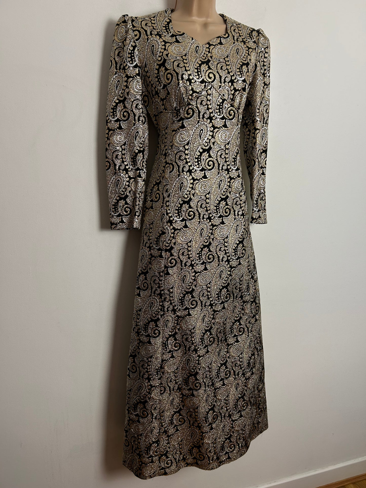 Vintage 1960s UK Size 8 Black Gold & Silver Metallic Lurex Brocade Occasion Evening Maxi Dress