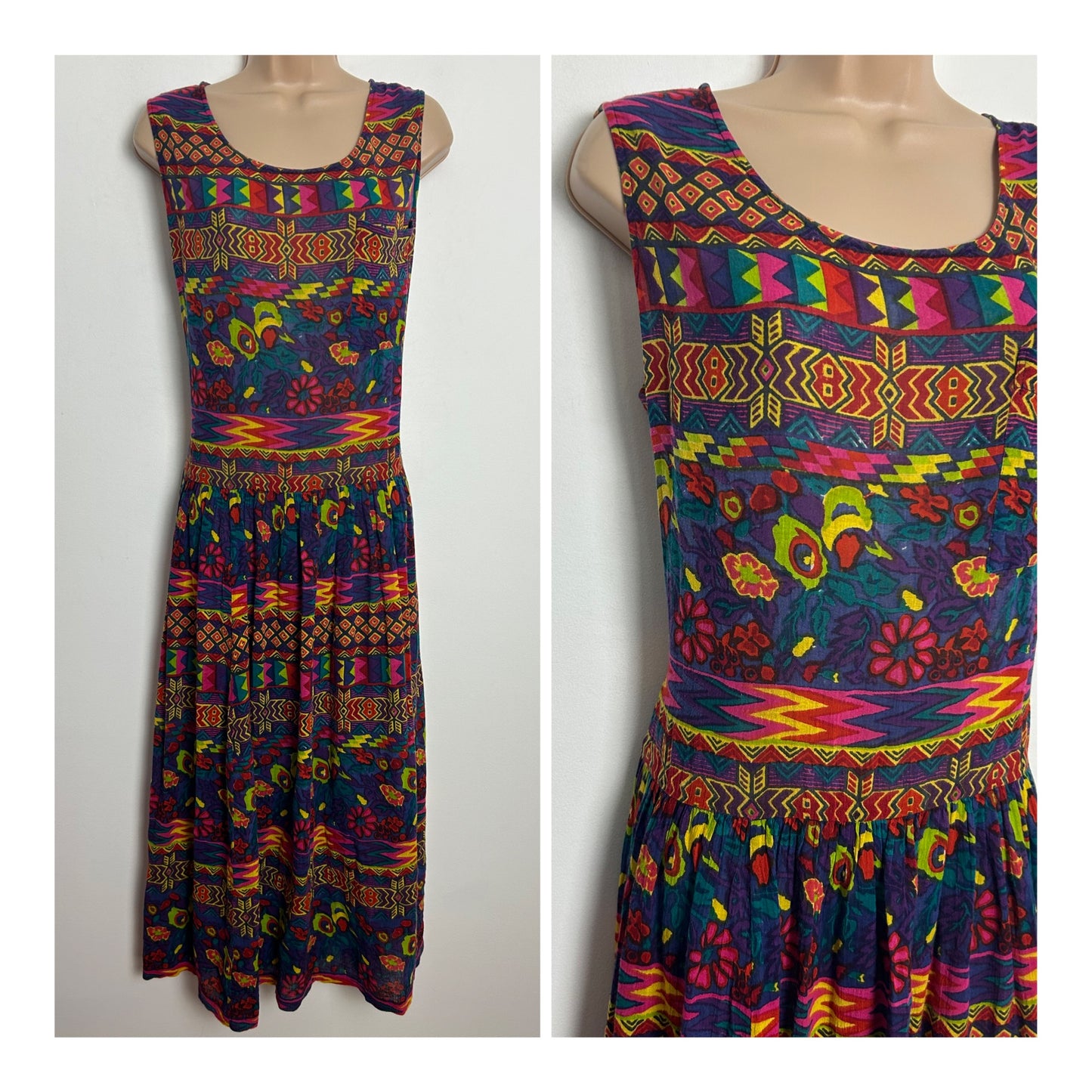 Vintage 1990s BRYN CONNELLY Size M 12 Purple Red Yellow & Green Abstract Print Indian Cotton Gather Pleated Smock Style Midi Dress