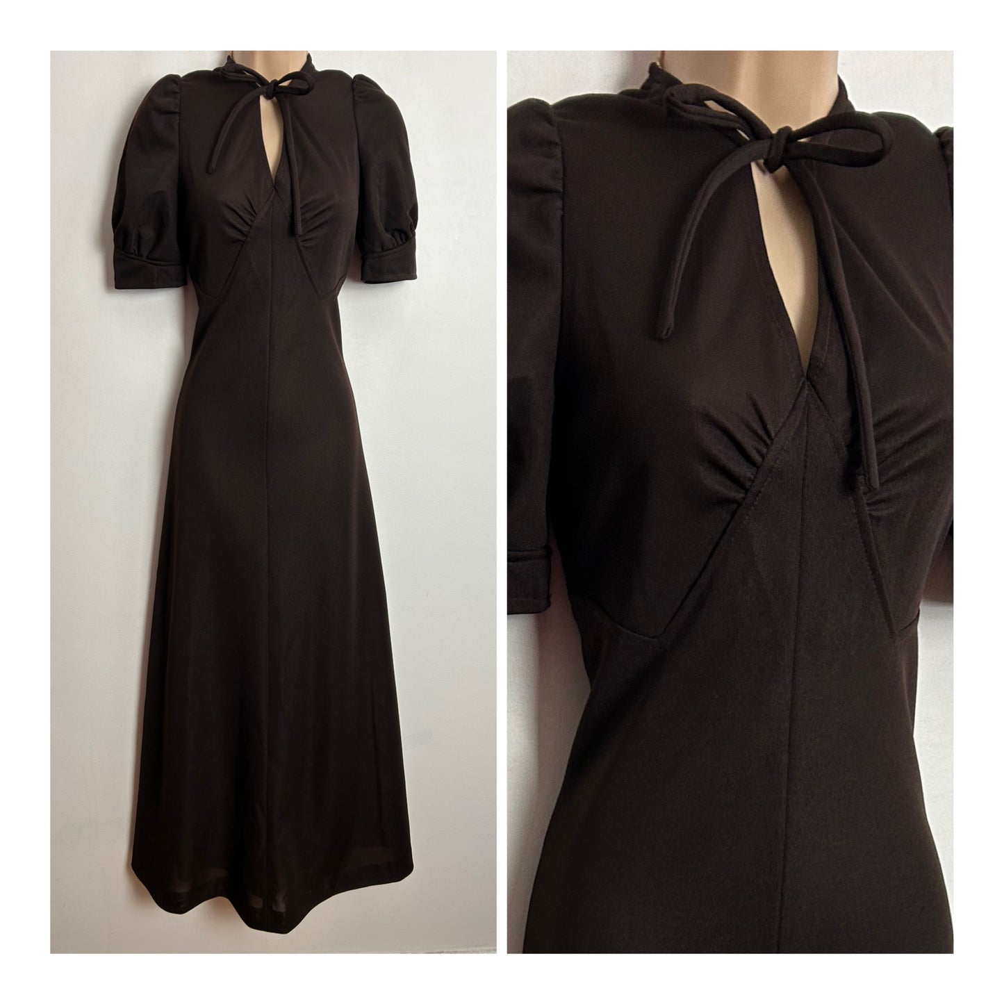 Vintage 1970s UK Size 6-8 Chocolate Brown Short Sleeve Tie Neck Boho Maxi Dress