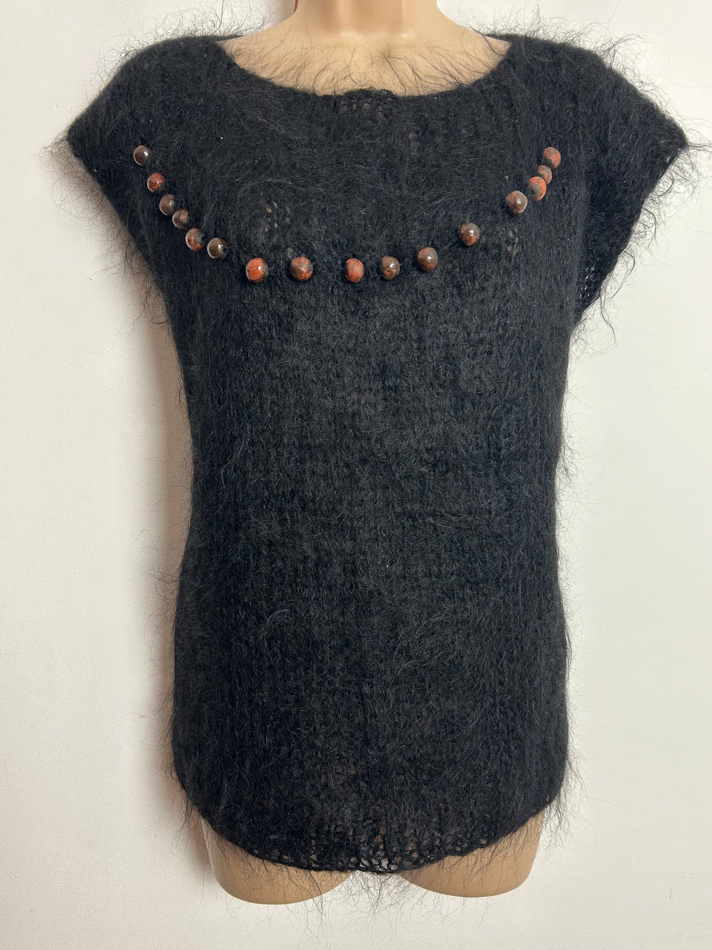 Vintage 1980s Up To Size 16 Black Mohair Jumper With Wooden Bead Detailing
