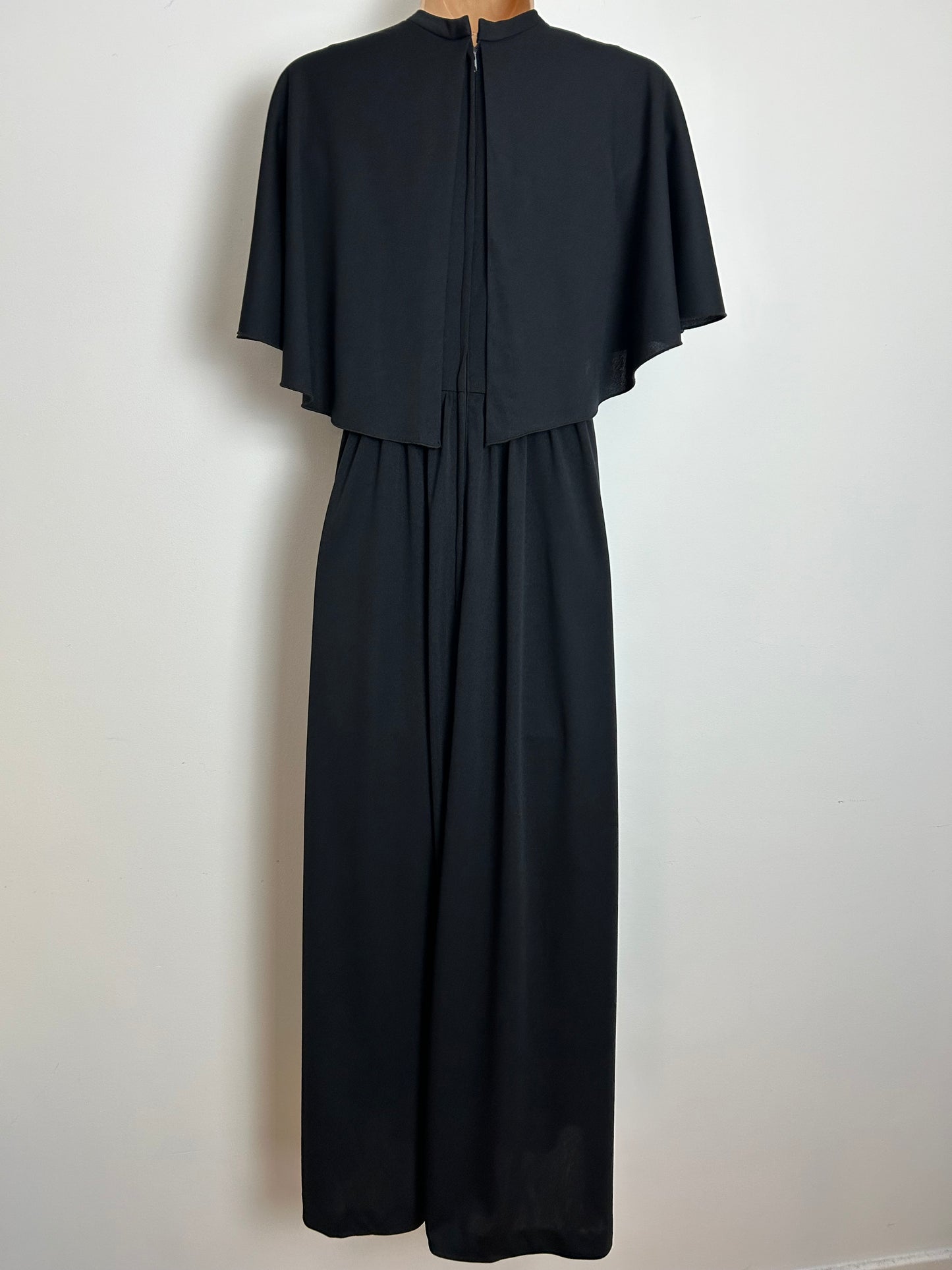 Vintage 1970s KATI AT LAURA PHILLIPS Size 10 Black Flutter Cape Sleeve Empire Line Maxi Dress