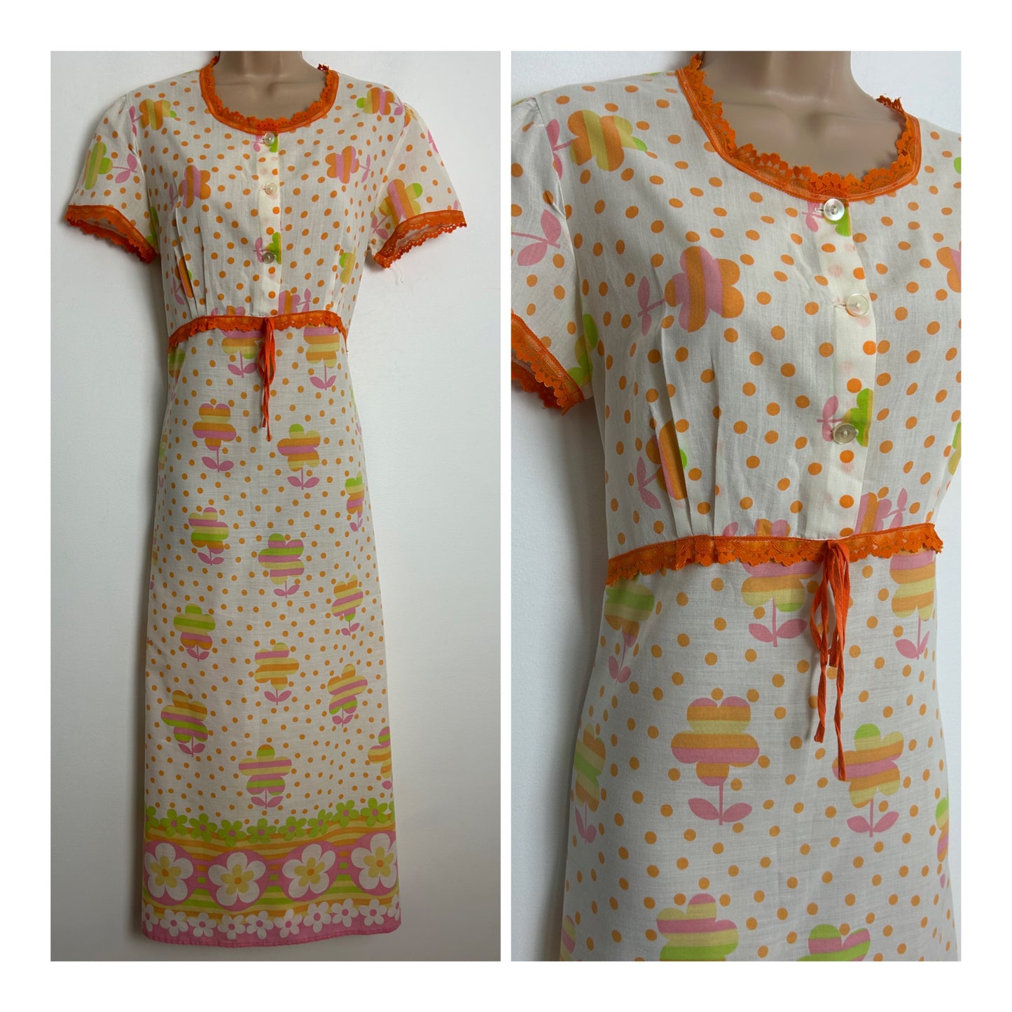 Vintage 1970s C&A Size 12 White Orange Green Pink & Yellow Polka Dot & Floral Print Cotton Mix Nightdress