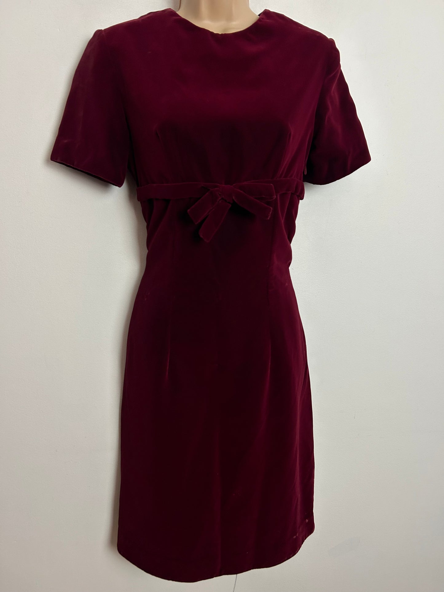 Vintage 1960s UK Size 10 Claret Red Velvet Short Sleeve Bow Detail Christmas Dress