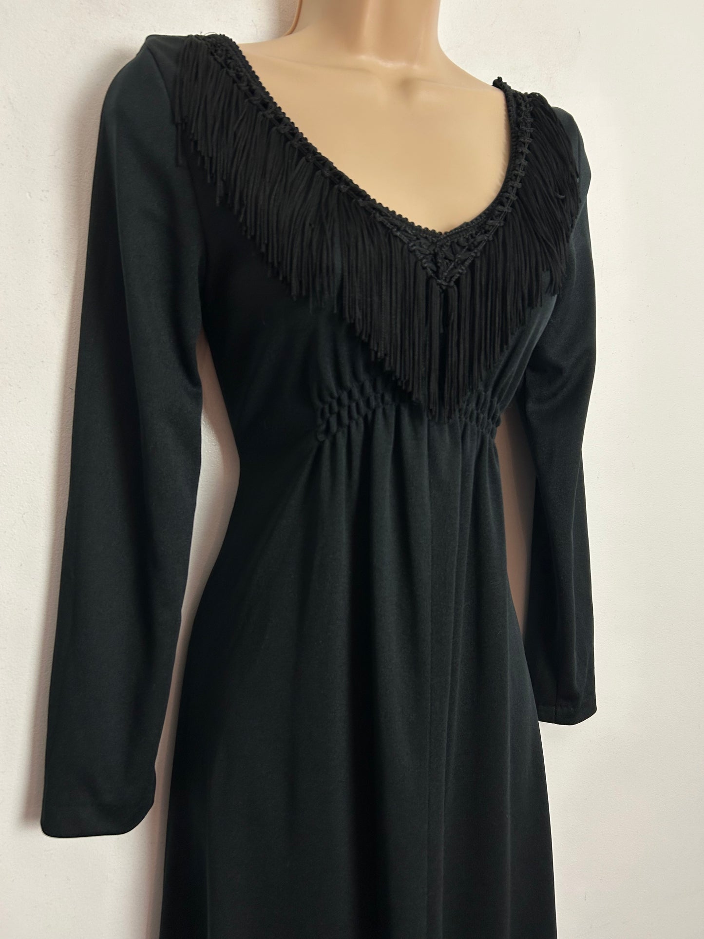 Vintage 1970S YOUNG IDEAS BY RHONA ROY UK Size 6 Black Fringed Detail Long Sleeve Evening Maxi Dress