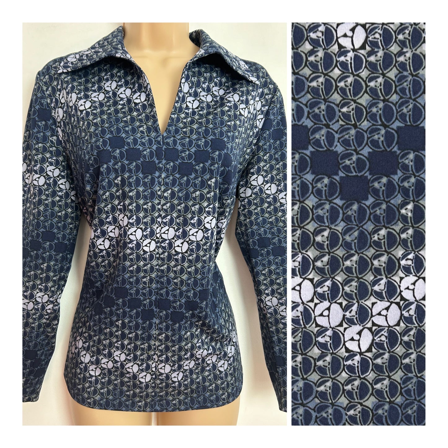 Vintage 1970s ARA MODELL UK Size 12-14 Blue Tones Abstract Print Long Sleeve Shirt