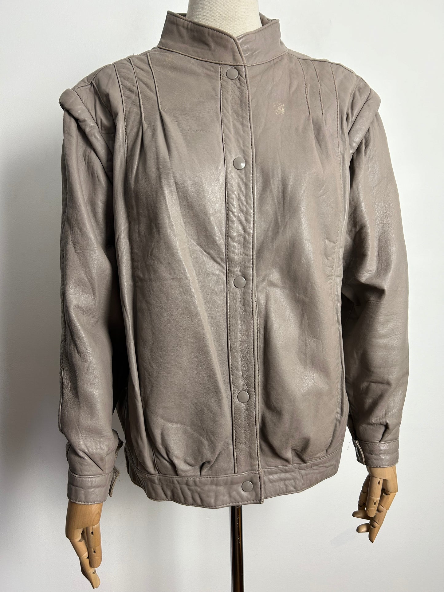 Vintage 1980s Approx UK Size 10 Taupe Popper Fastening Leather Jacket/Coat