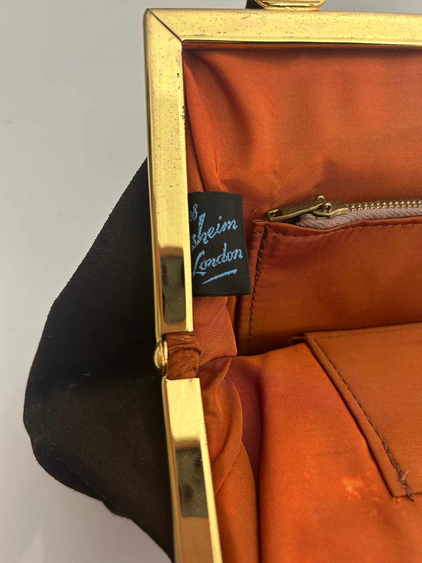 Vintage 1950s Dark Brown Suede Top Handle Handbag Made In London