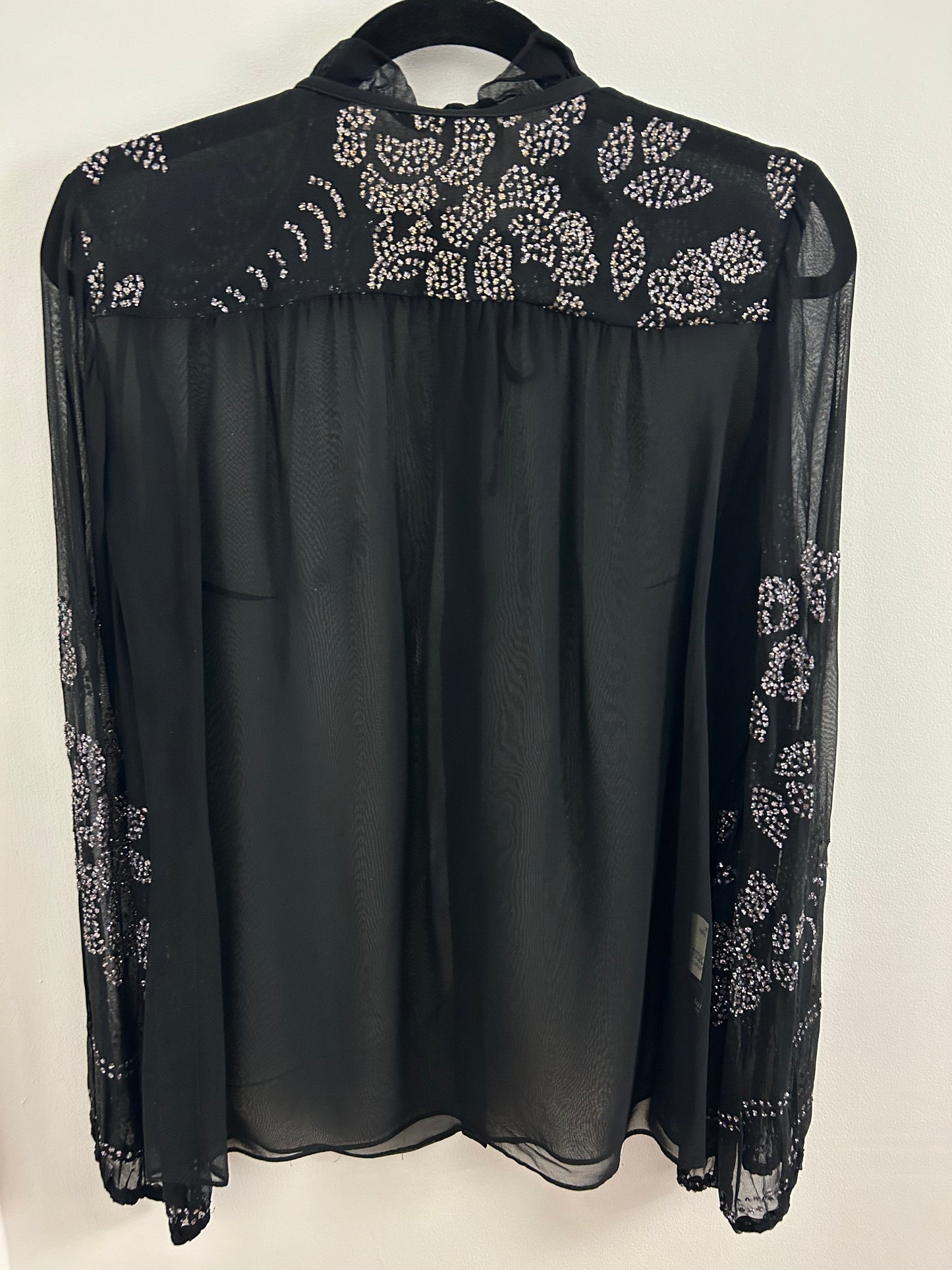 Vintage 1980s UK Size 12 Black Semi Sheer Chiffon Blouse With Silver Glitter Floral Pattern