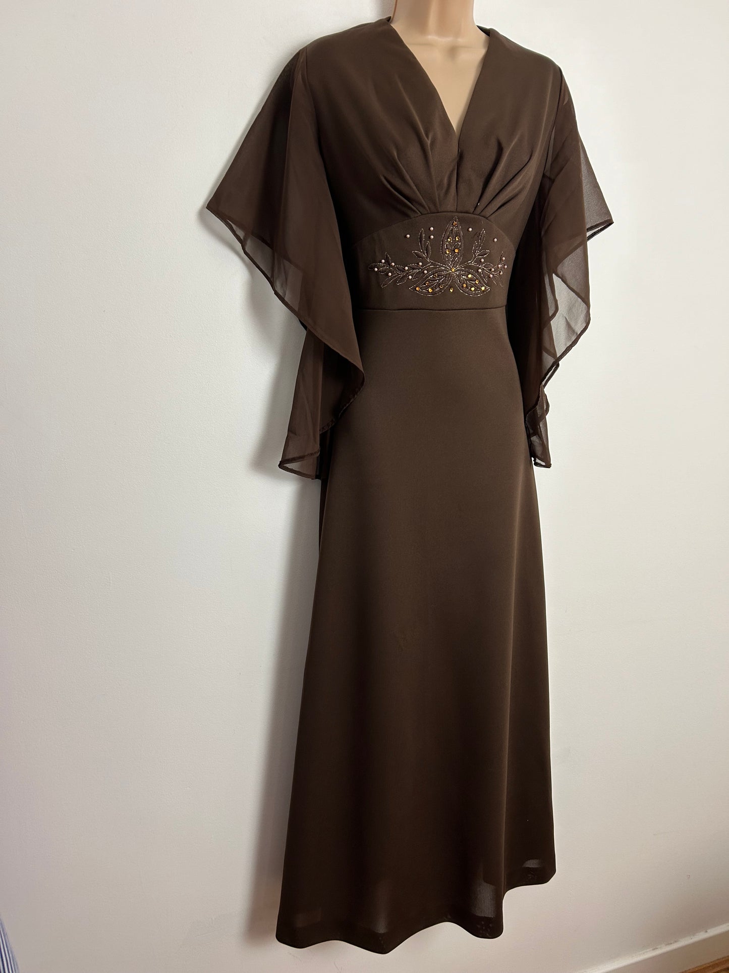 Vintage 1970s UK Size 12 Chocolate Brown Chiffon Flared Sleeve Stitch Bead & Diamante Embellished Occasion Maxi Dress