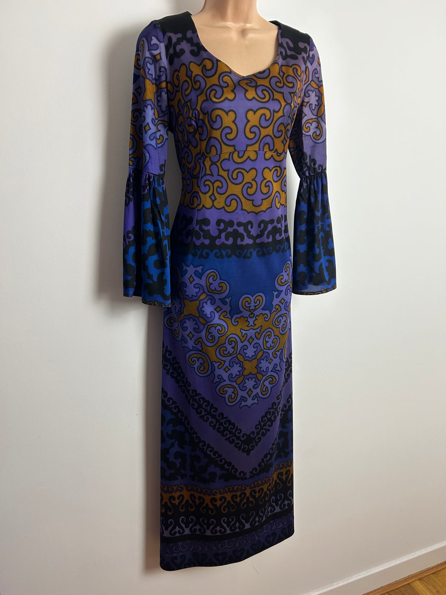 Vintage 1970s SIDGREENE OF LONDON Size 12 Mauve Blue & Dark Gold Abstract Long Sleeve Split Cuff Maxi Dress