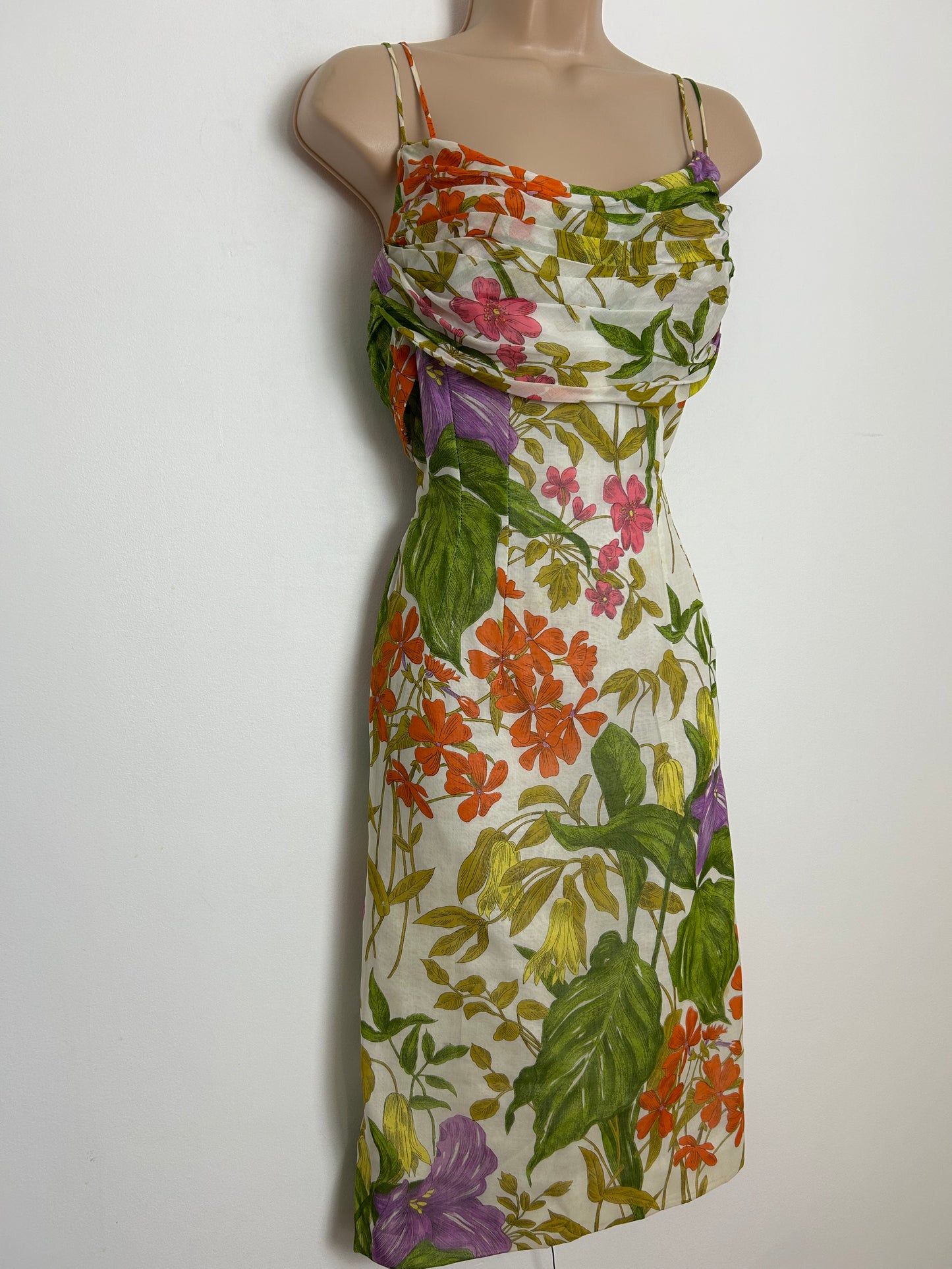 Vintage 1950s Size 8-10 White Orange Purple & Green Floral Print Cotton Fitted Wiggle Summer Occasion Dress