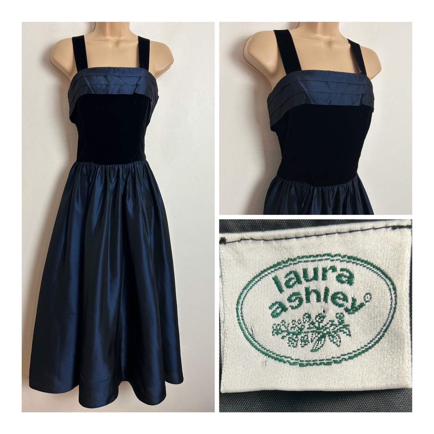 Vintage 1980s LAURA ASHLEY UK Size 10-12 ( Size 16 On Label) Midnight Blue & Black Party Dress