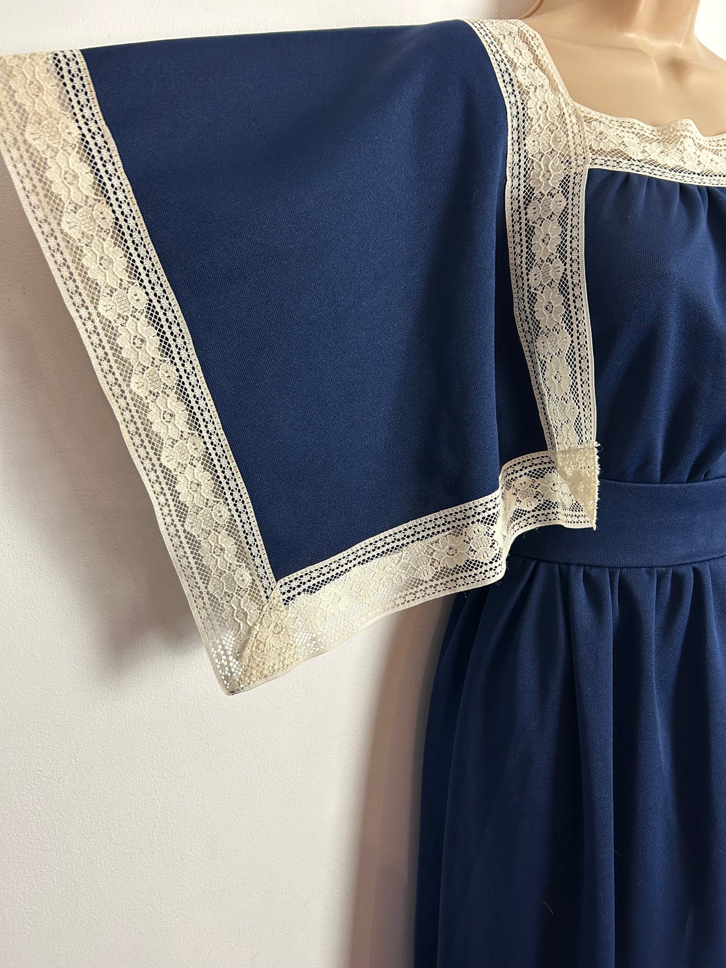 Vintage 1970s C&A UK Size 8 Navy Blue White Lace Trim Hanky Sleeve Boho Maxi Dress