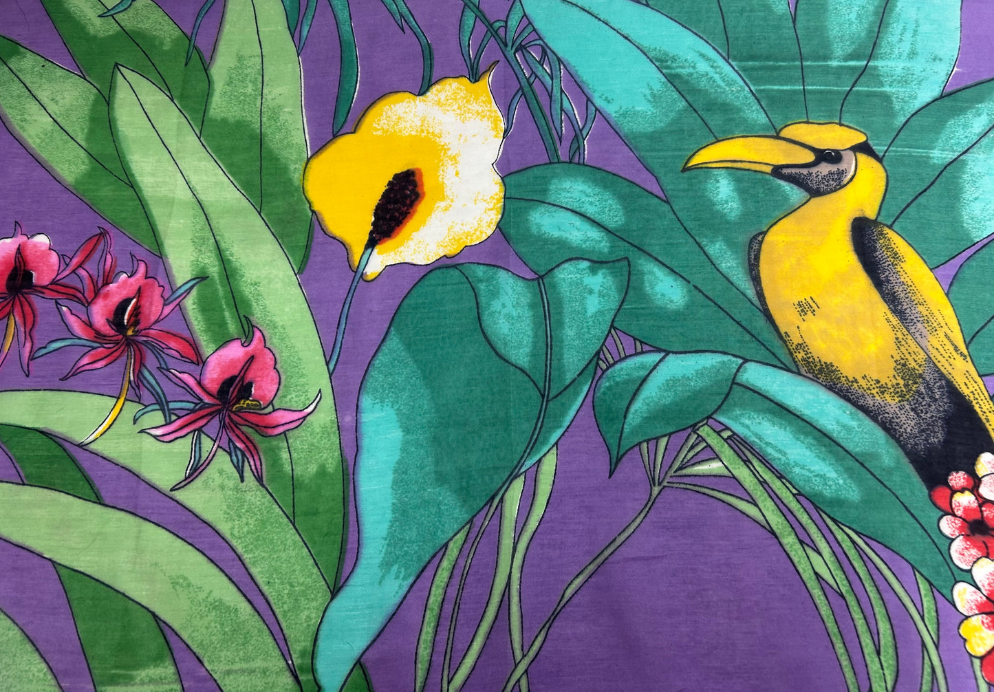 Vintage Purple Yellow & Green Floral Leaf & Bird Print Scarf 88cm x 90cm