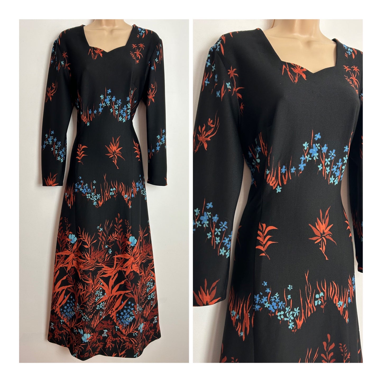 Vintage 1970s UK Size 10-12 Black Rusty Orange & Blue Floral Print Long Sleeve Maxi Dress