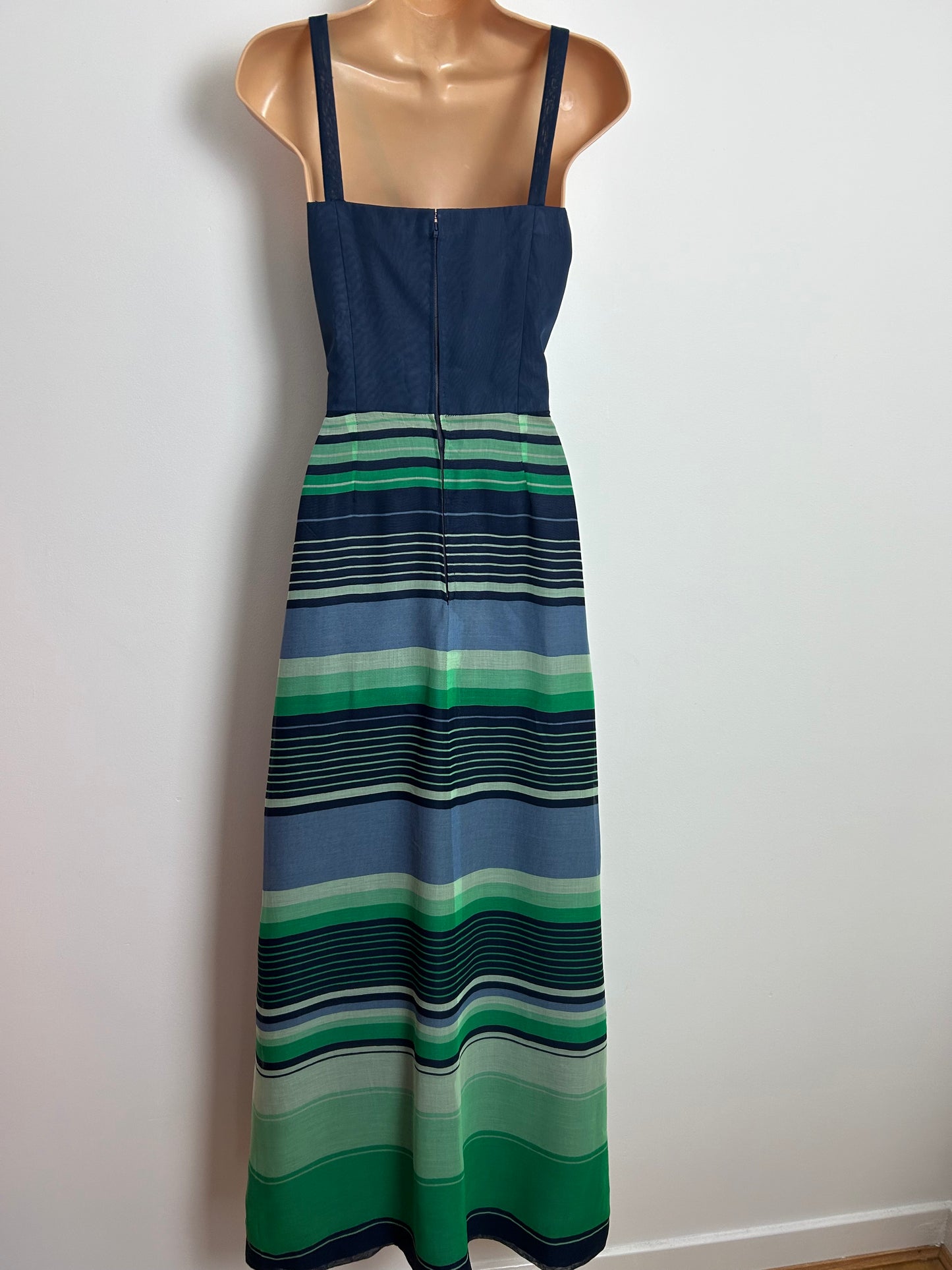 Vintage Late 1960s G. VALENS BRUXELLS Size 8-10 Navy Blue & Green Stripe Maxi Dress
