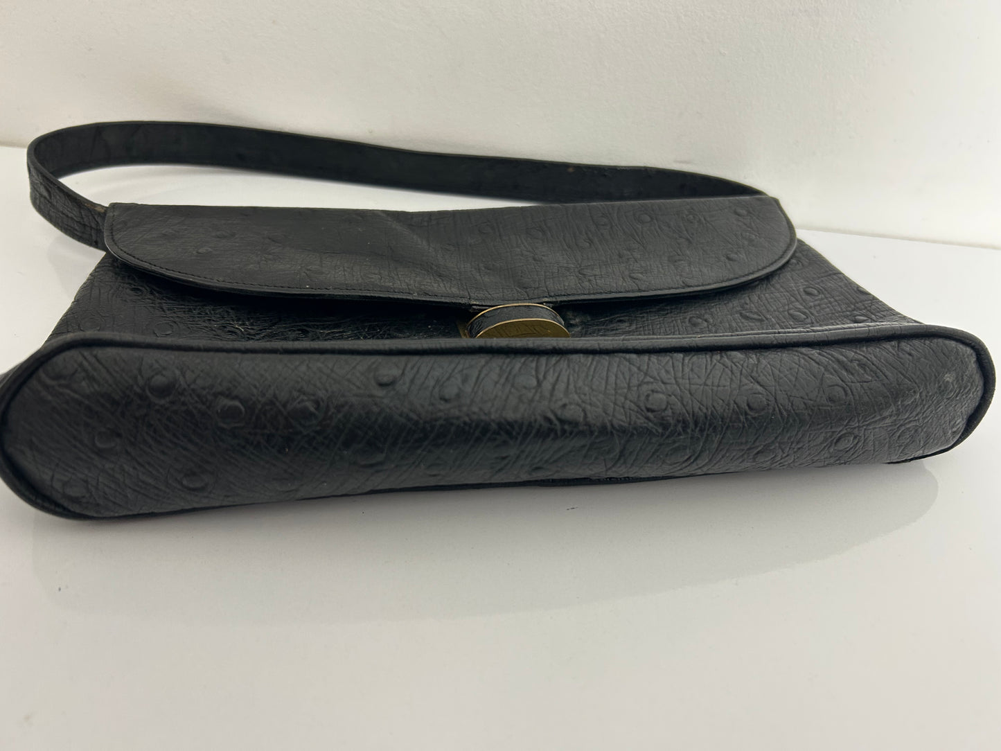 Vintage 1960s Black Ostrich Print Leather Small Handbag