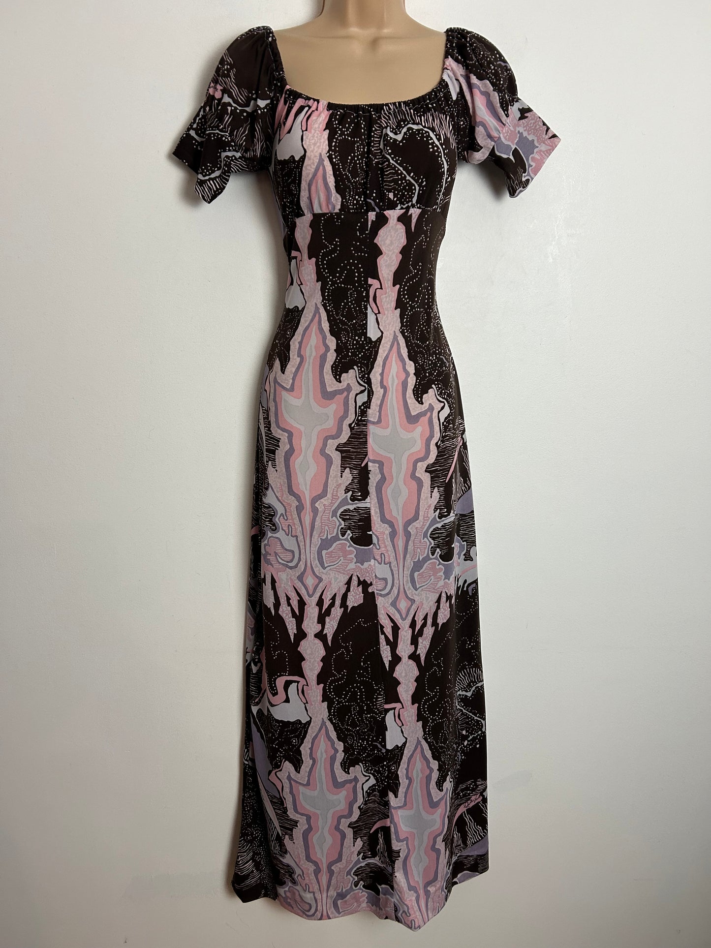 Vintage 1970s VERY RARE ROBERTA LUCA UK Size 6 Brown White Pink & Lilac Abstract Print Signed Fabric Maxi Dress