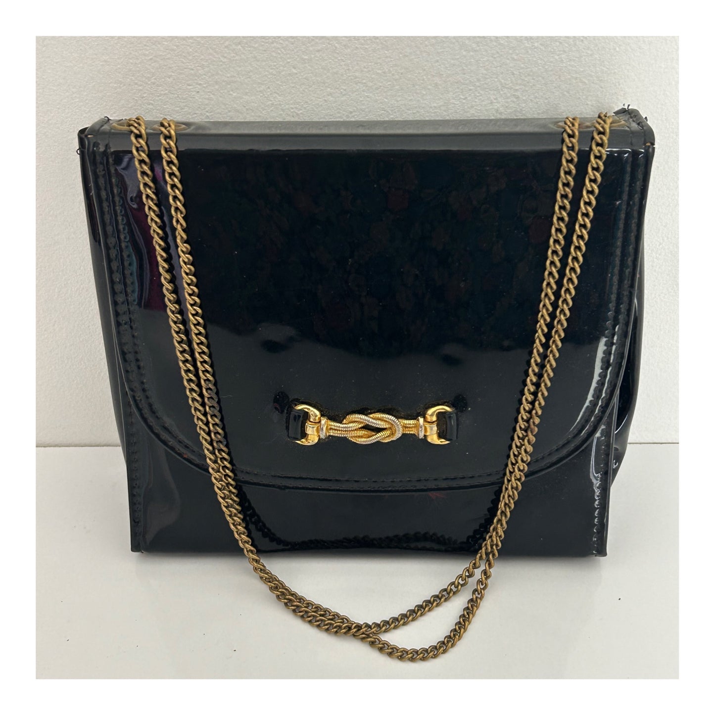 Vintage 1960s Black Patent Small Square Bag With Adjustable Chain Strap