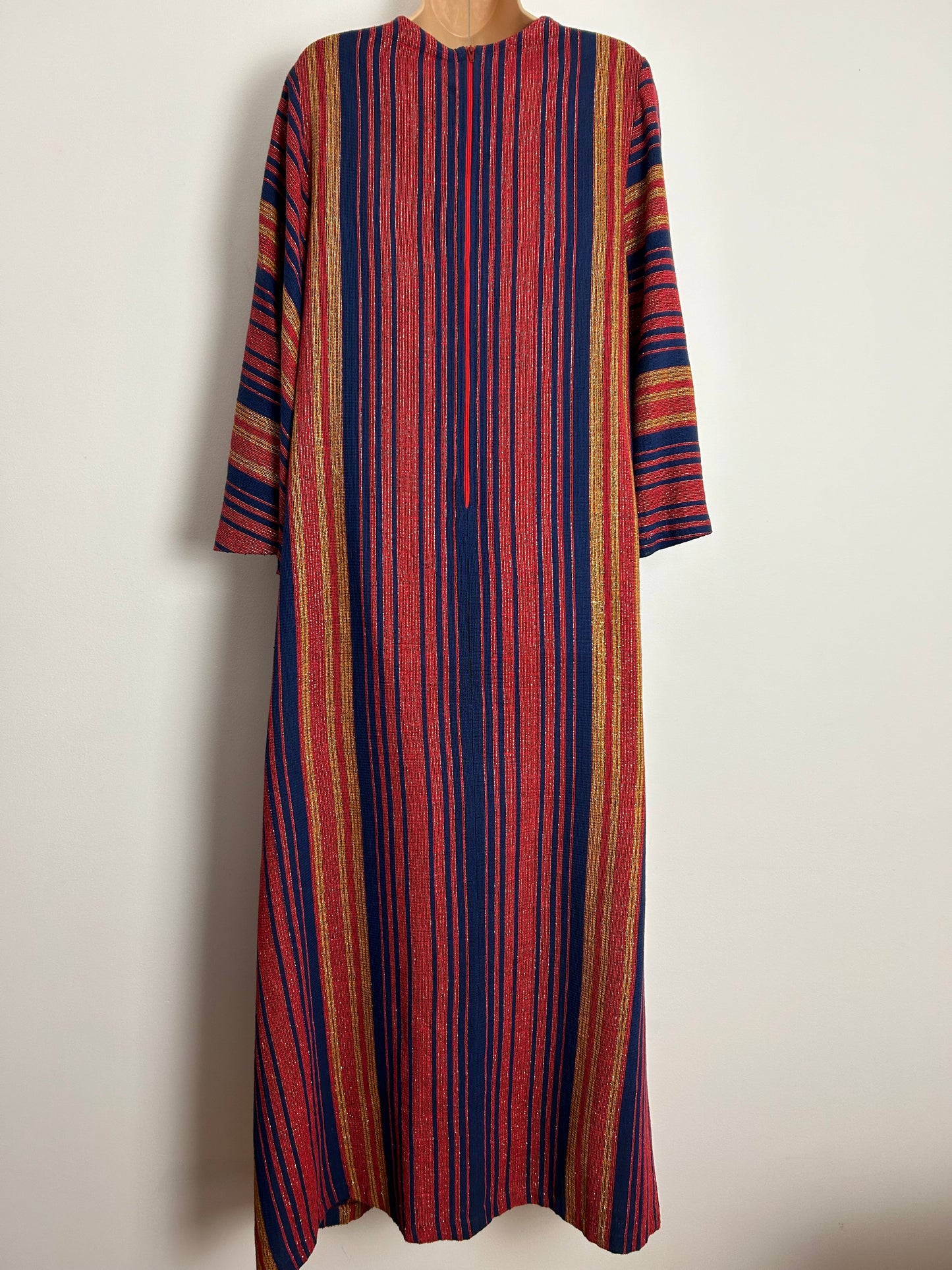 Vintage 1960s EXTREMELY RARE RIKMA BY ROZI BEN YOSSEF Up To Size 12 Red Blue & Gold Stripe 100% Cotton Woven Long Flared Sleeve Kaftan