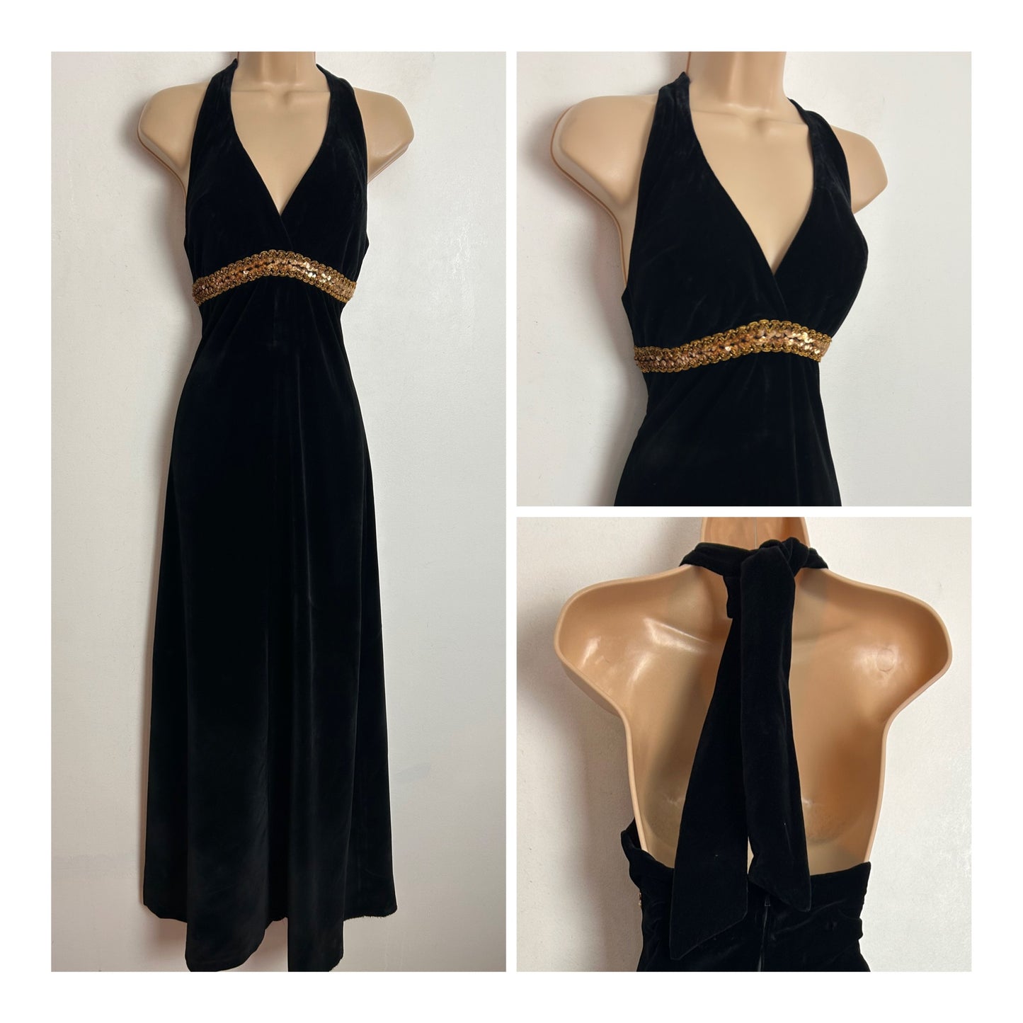 Vintage 1970s UK Size 8 Black Velvet & Gold Braid & Sequin Embellished Halterneck Occasion Evening Maxi Dress