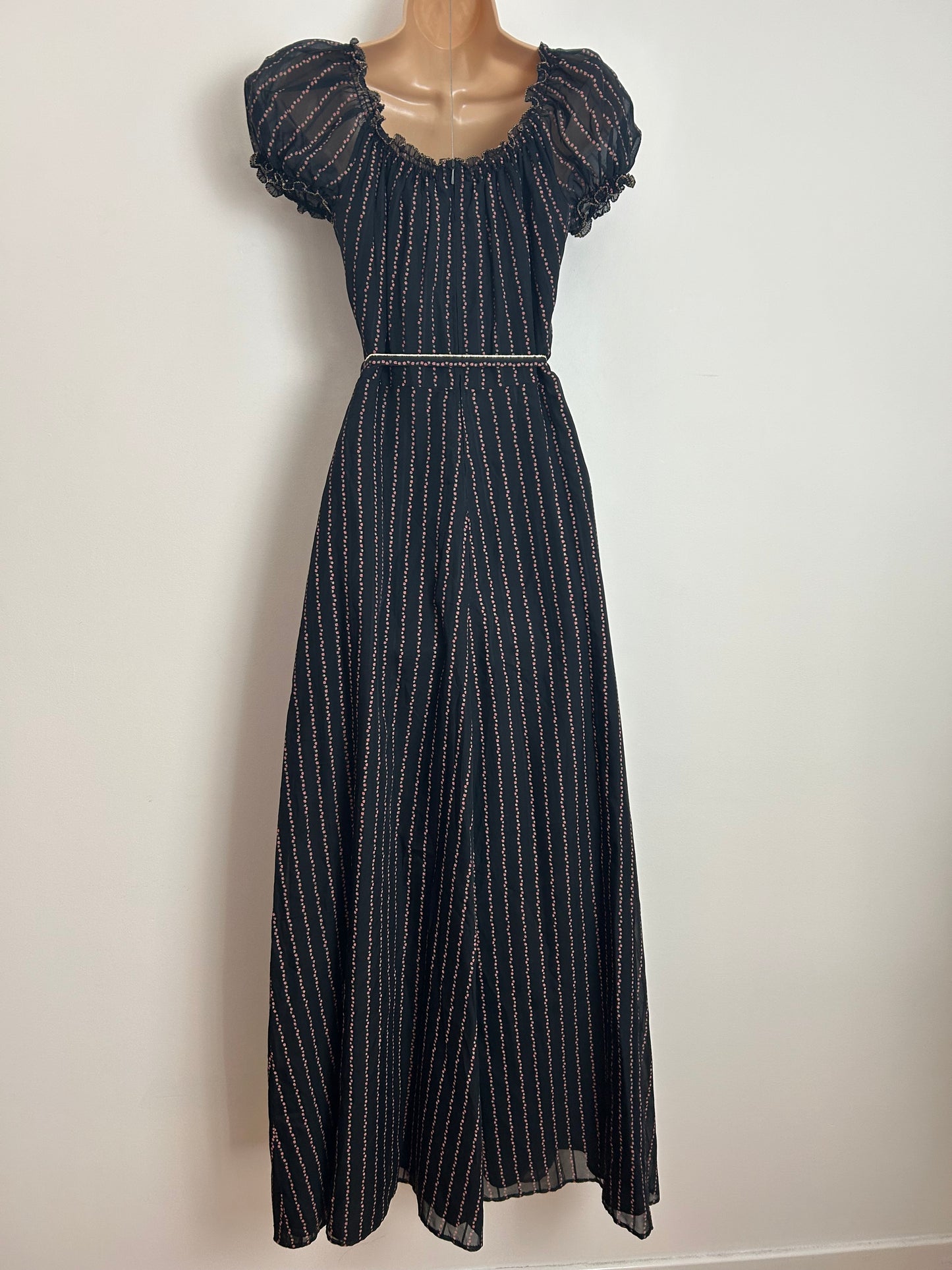 Vintage 1970s PUSZTA Size 6 Black & Dusky Pink Floral Stripe Print On/Off Shoulder Short Sleeve Belted Maxi Dress