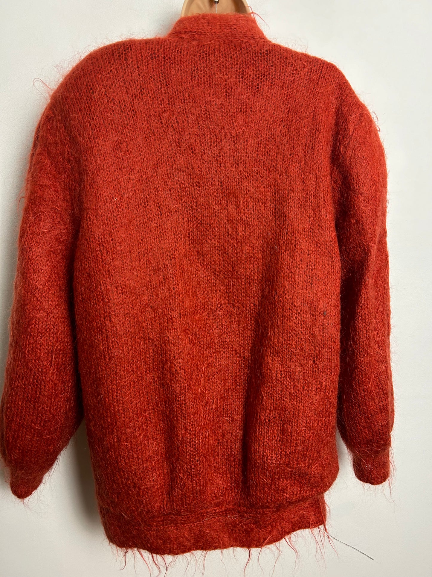 Vintage 1980s One Size Up To Size 16/18 Rusty Orange & Black Floral Applique Mohair Mix Bead Detail Open Fronted Cardigan
