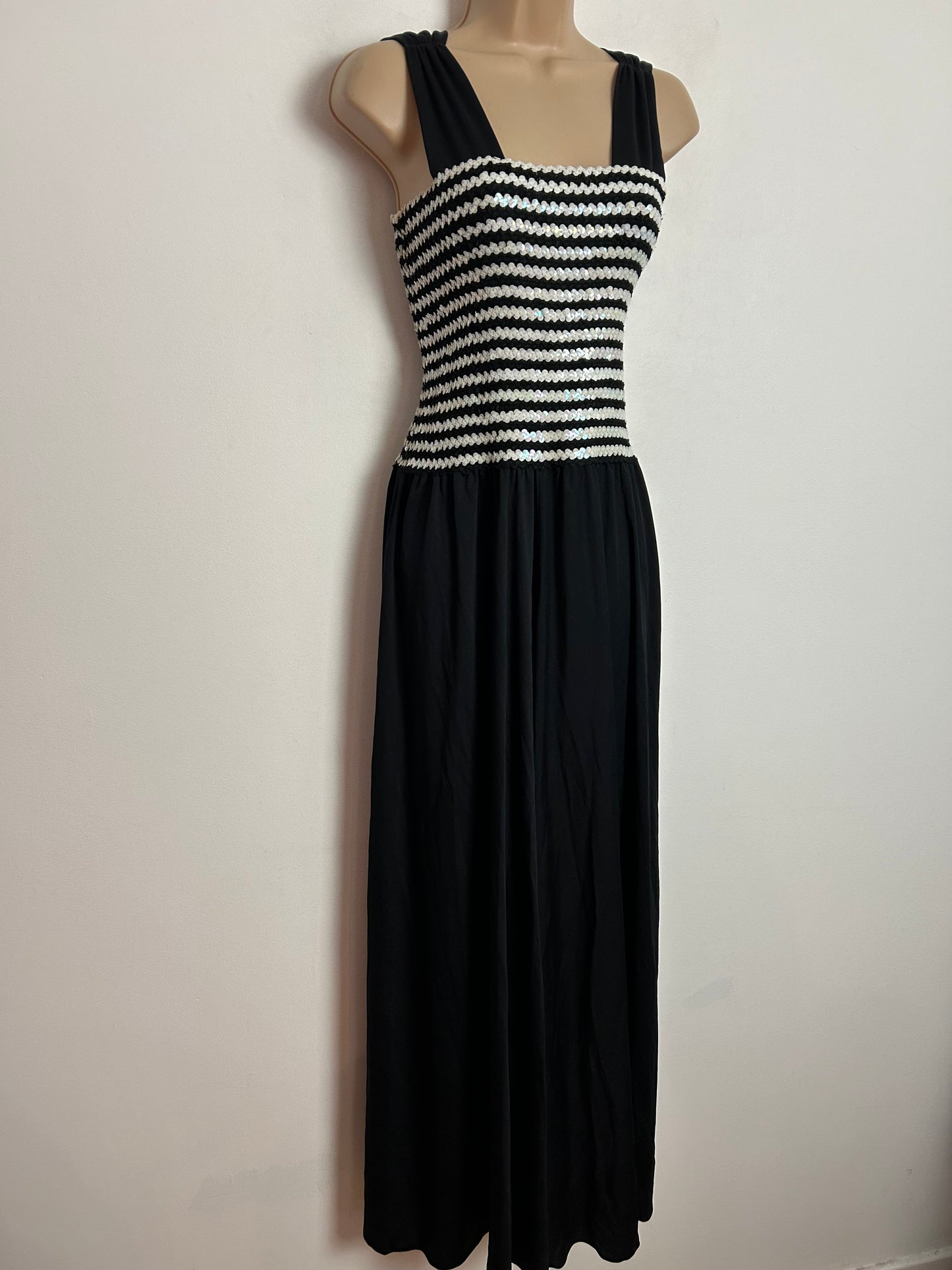 Vintage 1970s UK Size 10-14 Black & White Sequin Stretch Bodice Occasion Evening Maxi Dress