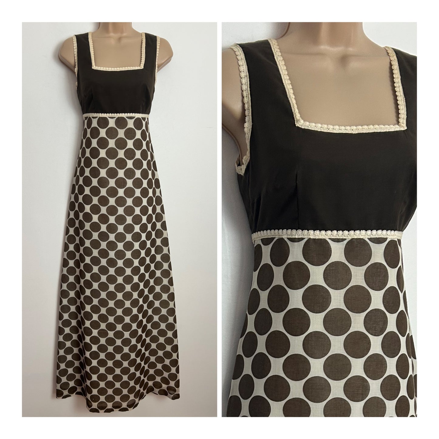 Vintage 1970s MARION DONALDSON Size 6 Brown & Off White Spot Print Lace Trim Maxi Dress