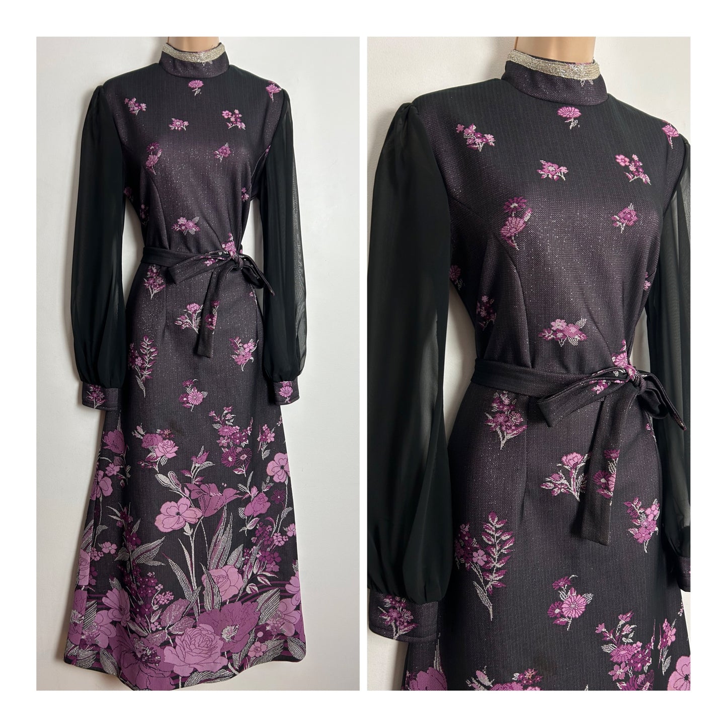 Vintage 1970s UK Size 12 Black Purple Pink & Silver Lurex Floral Print Long Sleeve Belted Occasion Evening Maxi Dress