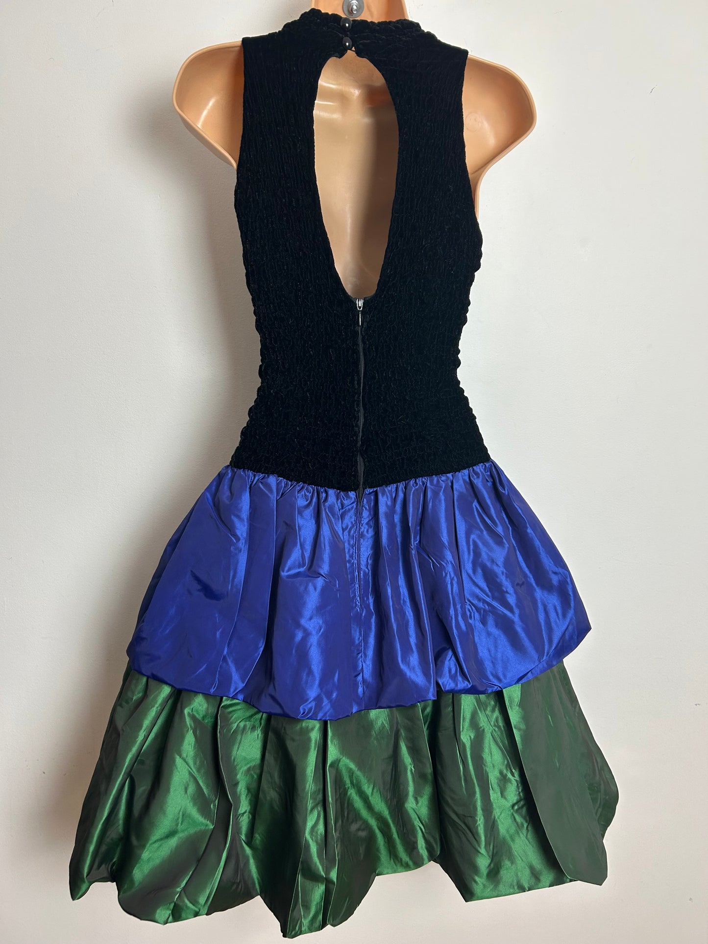 Vintage 1980s Size 10-12 Black Purple & Green Velour & Taffeta Party Prom Dress